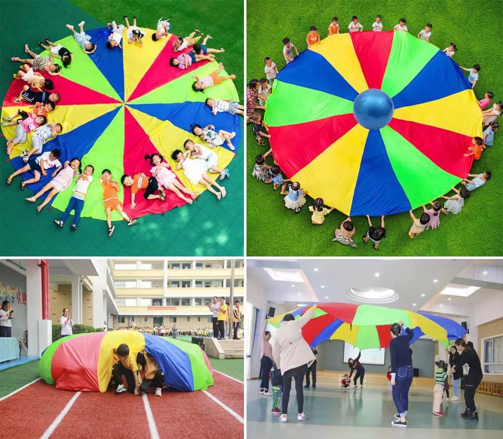 Parachute with Handles 8ft 10ft 12ft Play Parachute Games for Outdoor Team Games,waterproof reinforced suture,You Can Also Use it for Trampoline Cover Picnic Mat ,sport equipment (12 feet 12 hands)