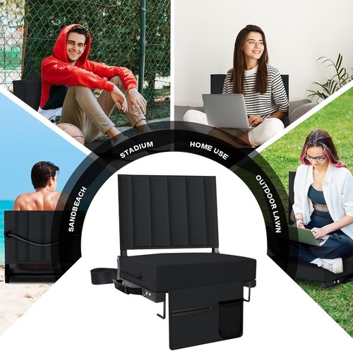 Aliphon Stadium Seat - Padded Bleacher Chair with Back Support & Cup Holder | Portable Black Comfort Seat