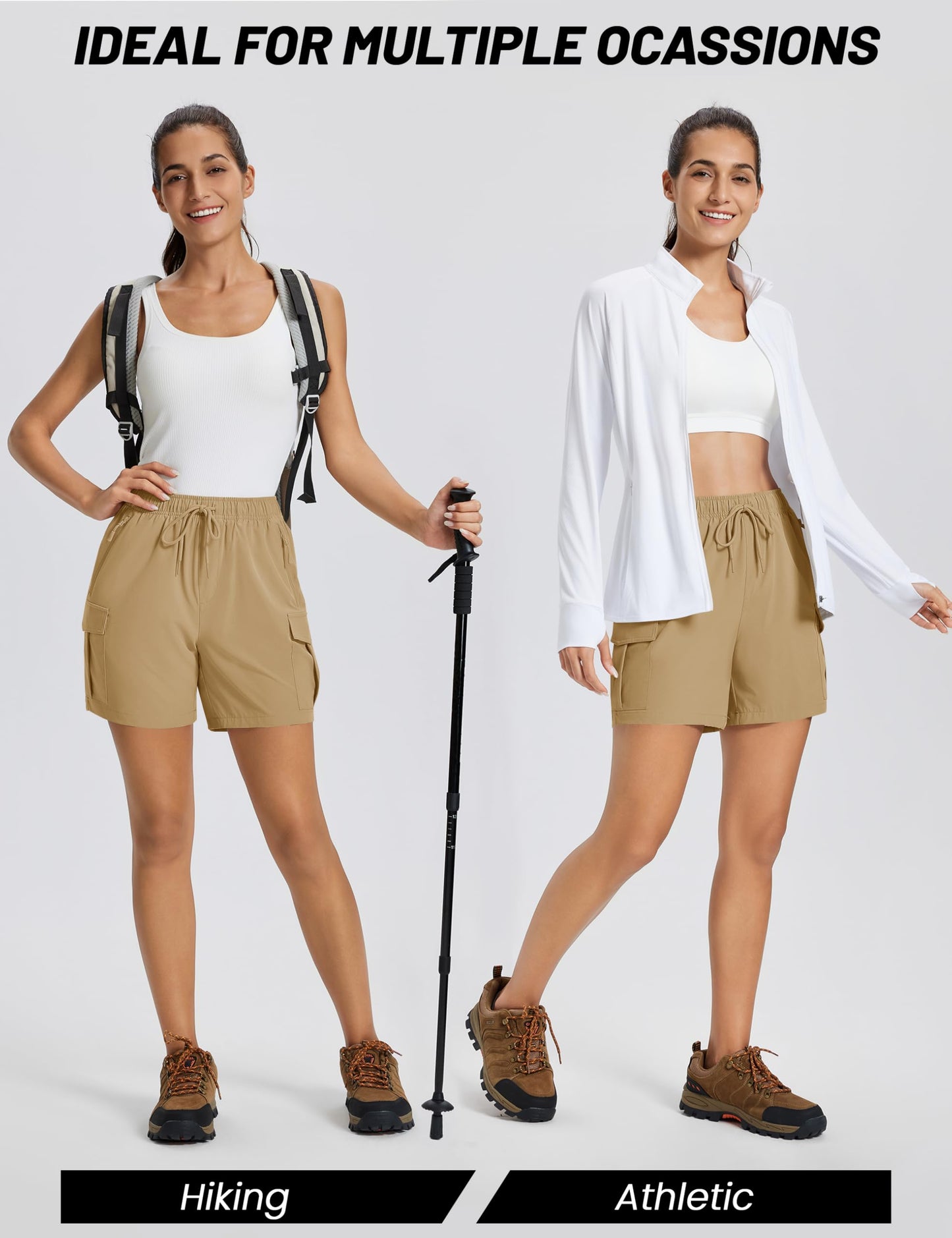 MAGCOMSEN Womens Quick Dry Shorts Lightweight Hiking Cargo Shorts with Zipper Pockets Summer Athletic Outdoor Khaki M