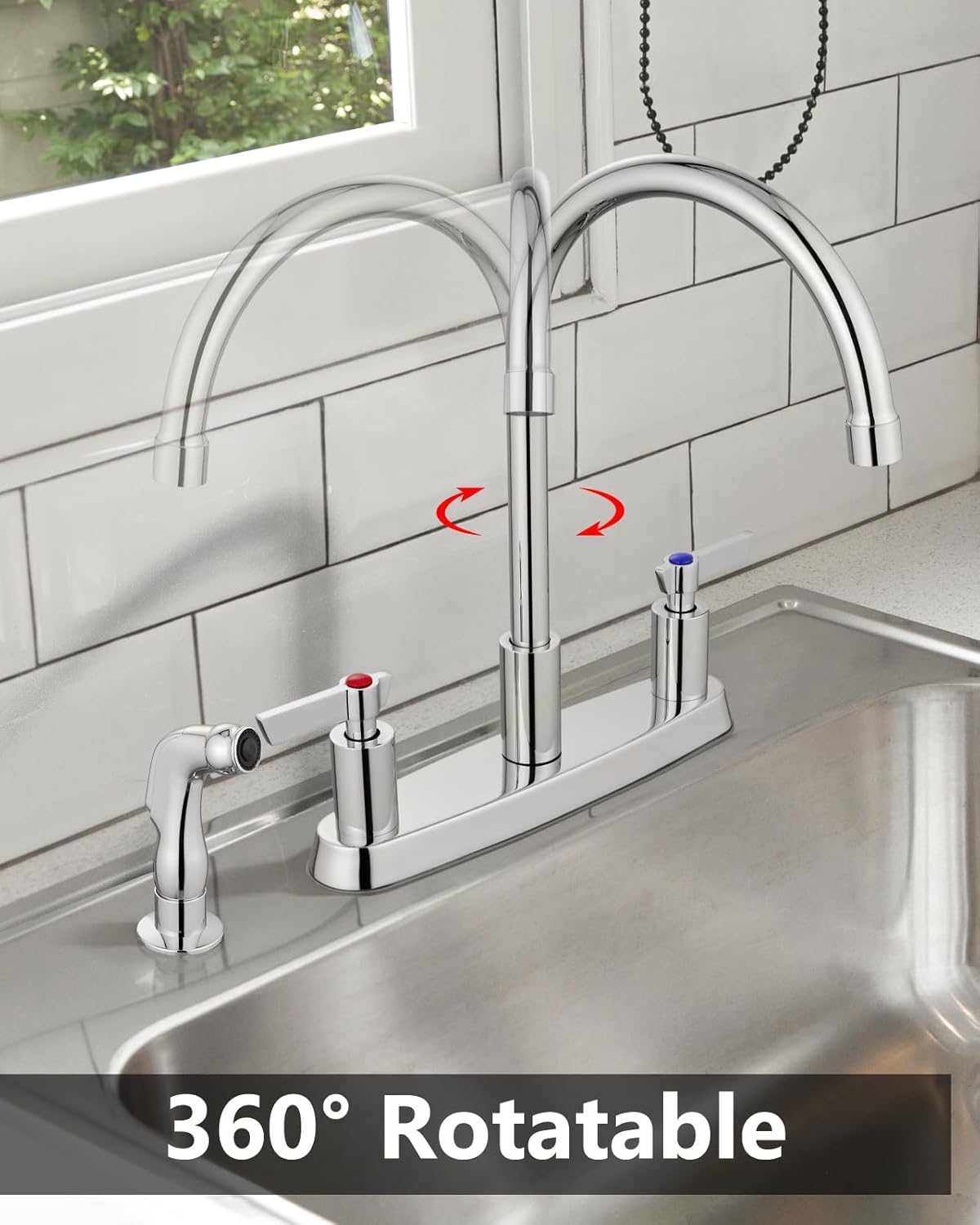 Brushed Nickel Kitchen Faucet with Sprayer - 2 Handle 8-Inch Centerset 3 Hole