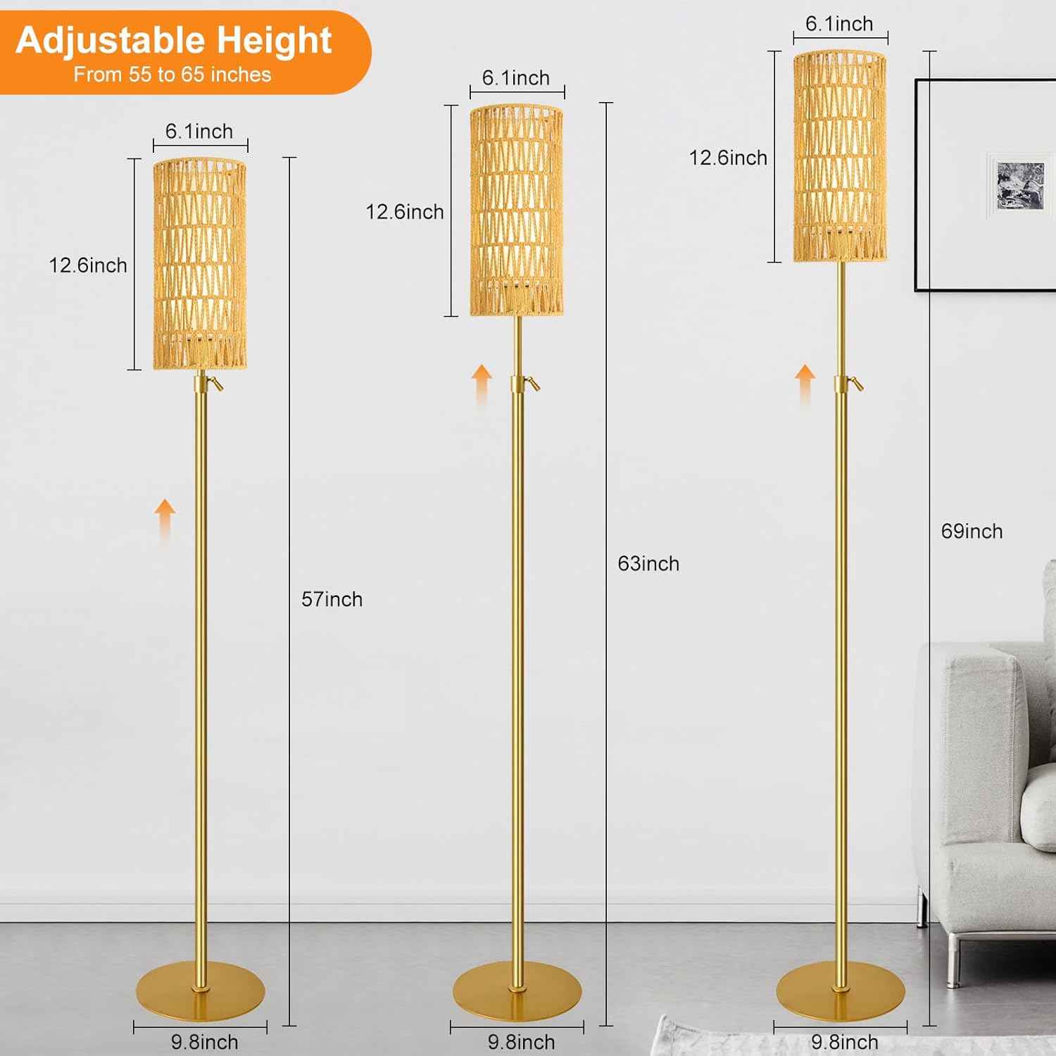 Boho Gold Floor Lamp with Remote Control | Dimmable Rattan & Wicker Design for Living Room