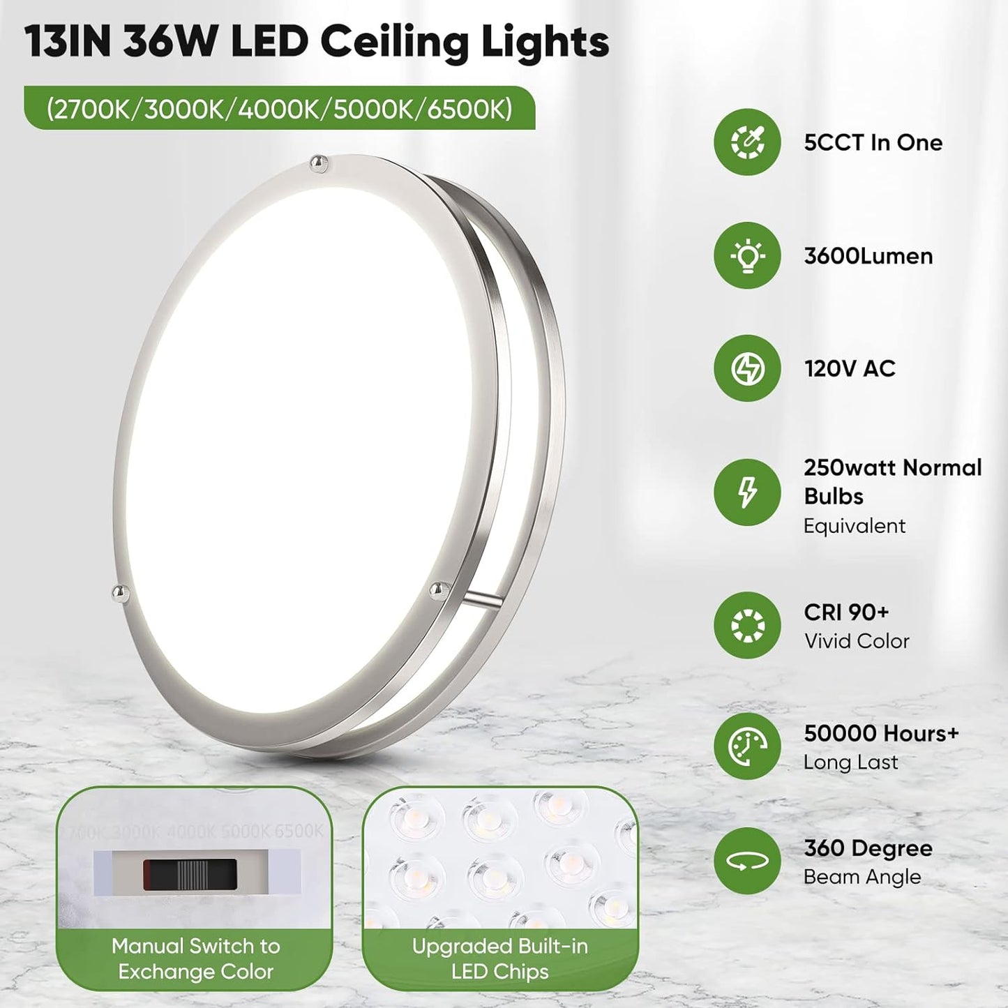 36W Dimmable LED Ceiling Lights - Super Bright Flush Mount Fixtures, 2-Pack, 13 Inch, Adjustable 2700K-6500K for Bedroom & Kitchen