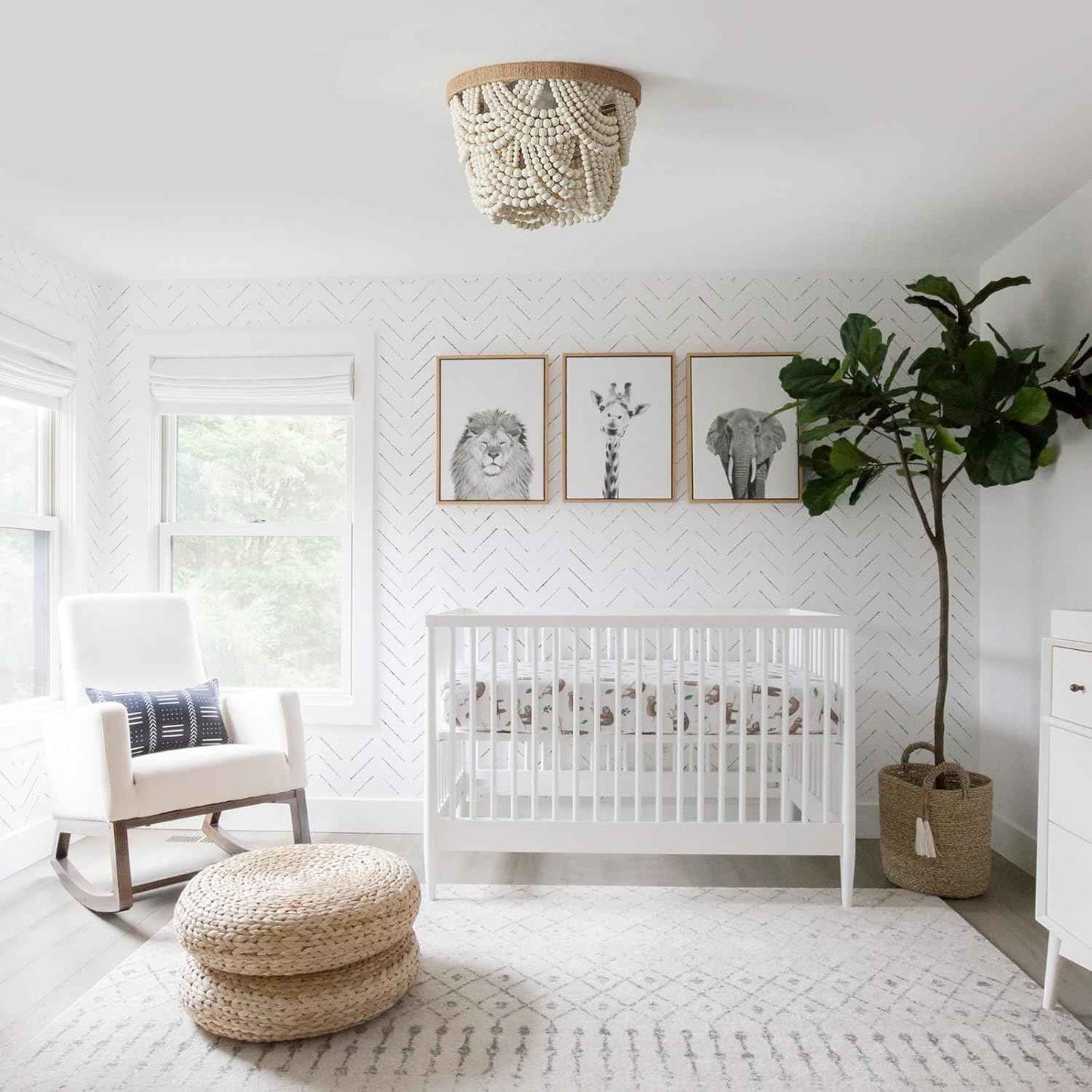 2-Tier White Boho Mini Chandelier - Wood Beaded Flush Mount Ceiling Light for Bedroom, Hallway, Nursery & More