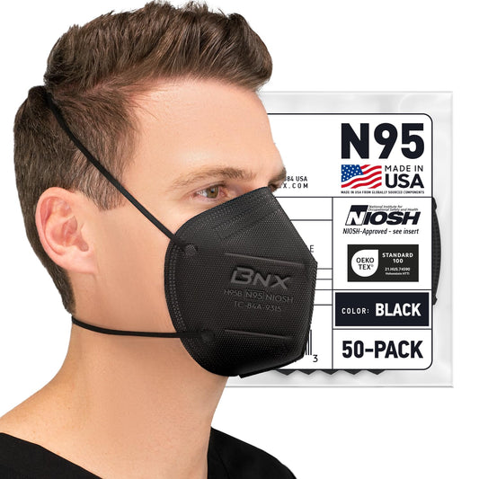 N95 Black Face Mask - NIOSH Certified Protective Respirator (50-Pack, Made in USA)