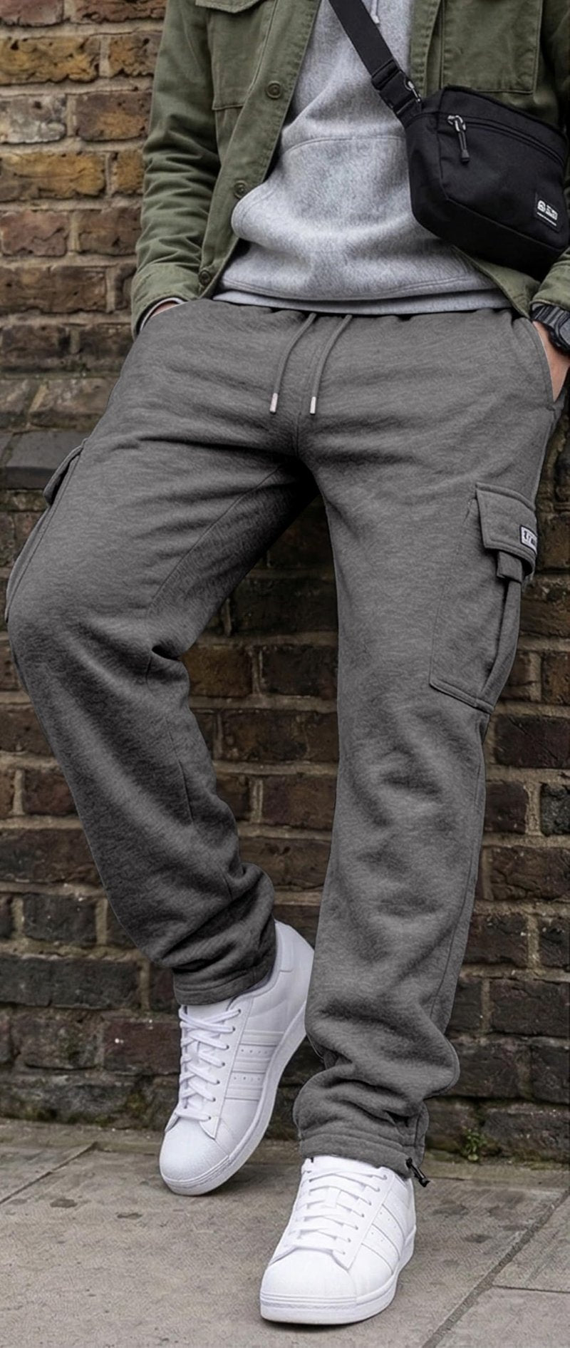 HUNGSON Mens Cargo Sweatpants Drawstring Casual Hiking Pants Joggers Athletic Trousers Cotton Loose Straight Pants for Men Dark Grey Heather