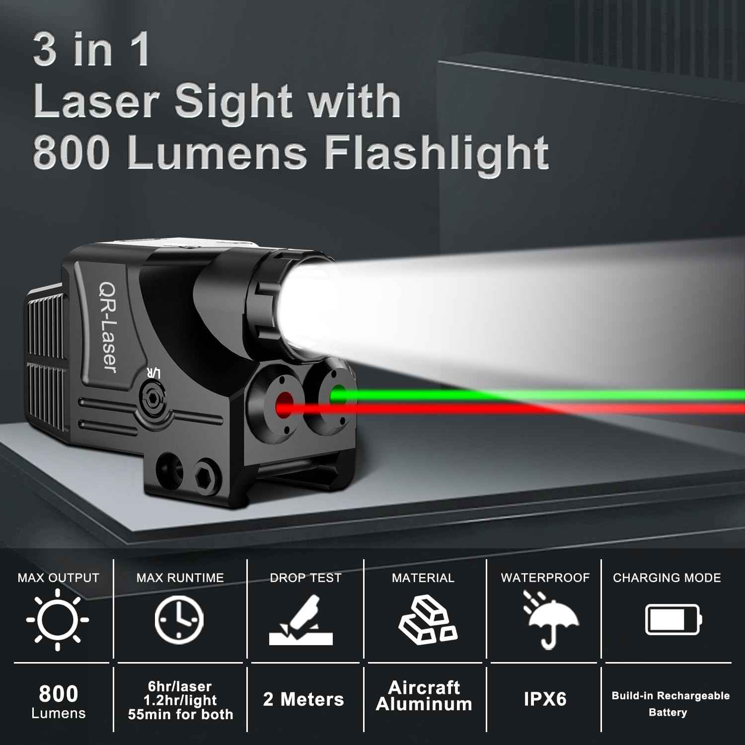 800 Lumens Tactical Flashlight Laser Sight Combo - USB Rechargeable LED Light for Handguns