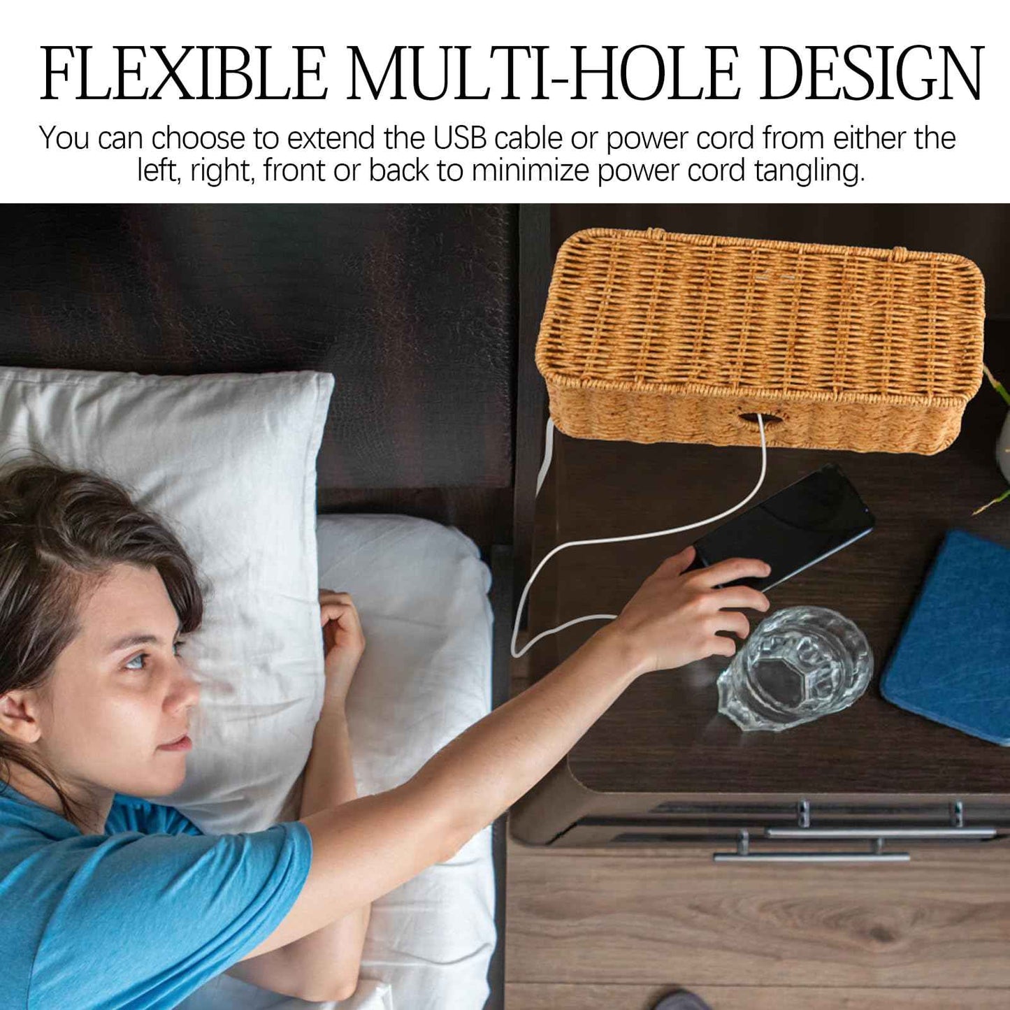 Rattan Cable Management Box Handwoven Cord Organizer Box, 4 Open Slots Cords Hider Box Under Desk Cable Management Suitable for TV Cables Computers Routers Power Cords to Hide and Organize