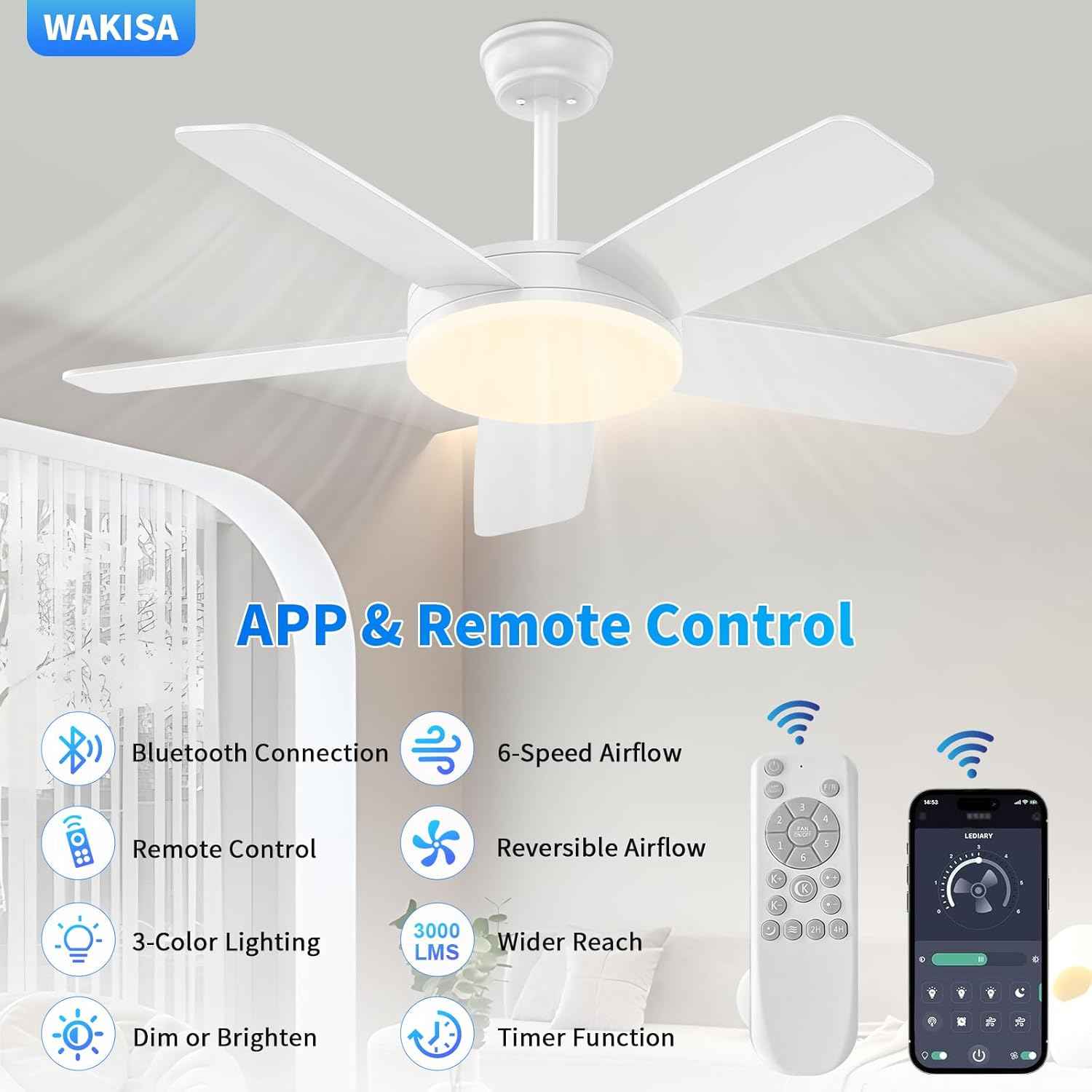 45-Inch Dimmable Ceiling Fan with Lights & Remote - 6 Speeds, Reversible, Quick Install for Indoor/Outdoor Use