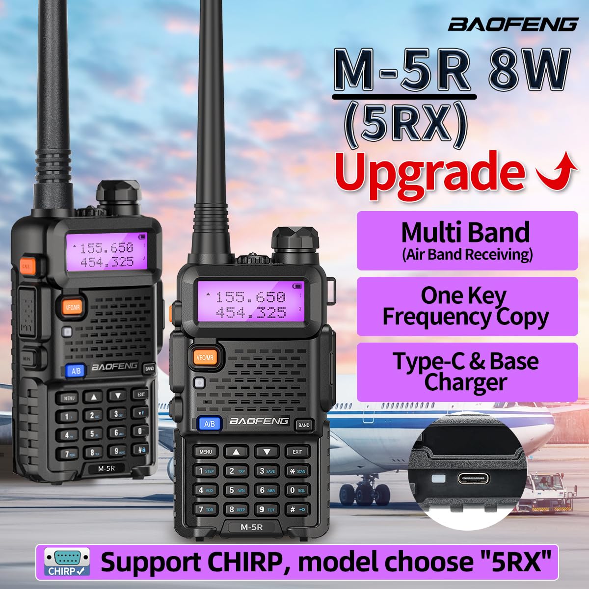 Baofeng UV-5R Ham Radio Handheld Upgrade 8W UV5R Long Range Walkie Talkies with Earpiece Rechargeable M-5R Multi Band Two Way Radio Copy Frequency,USB-C Charger for Hunting Survival Gear