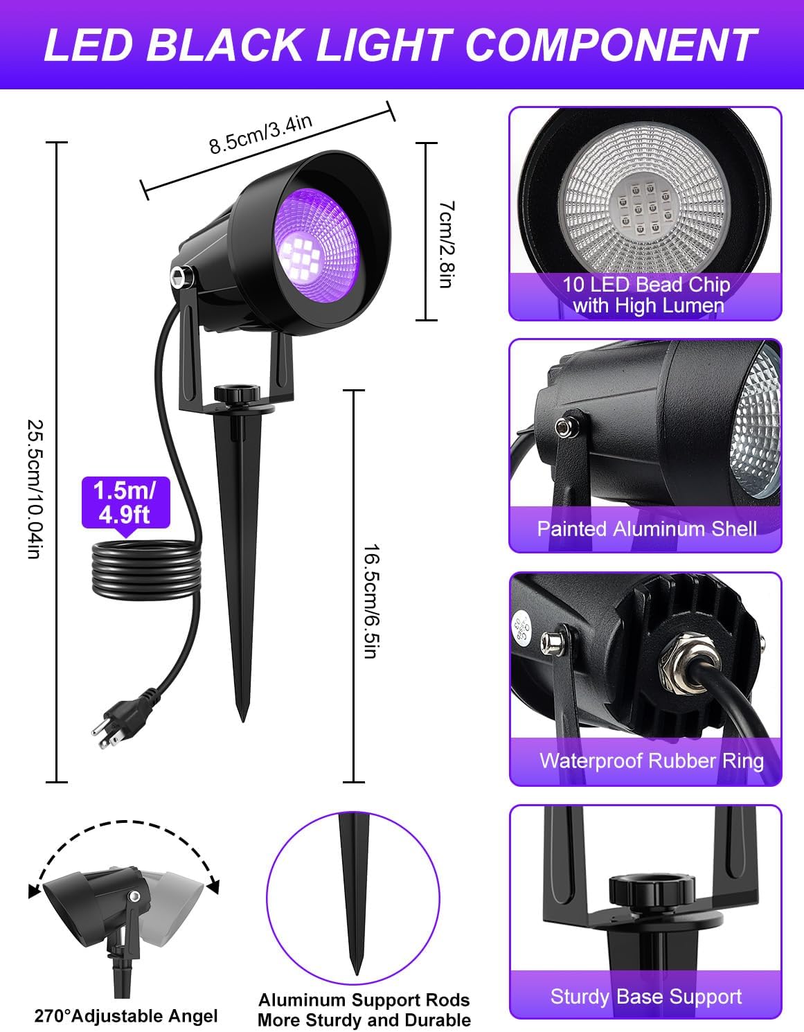 LED Black Light Spotlight - Waterproof Outdoor Landscape Lights for Glow Parties & Decorations (4 Pack)
