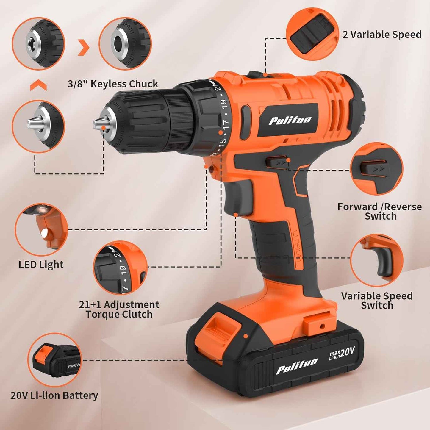PULITUO'S 20V Cordless Drill/Driver, Electric Screwdriver - 2 Batteries, 30Nm, 21+1 Torque, 2 Speed, Keyless 3/8" Chase Drill with LED Light, Kit for Home (Green)