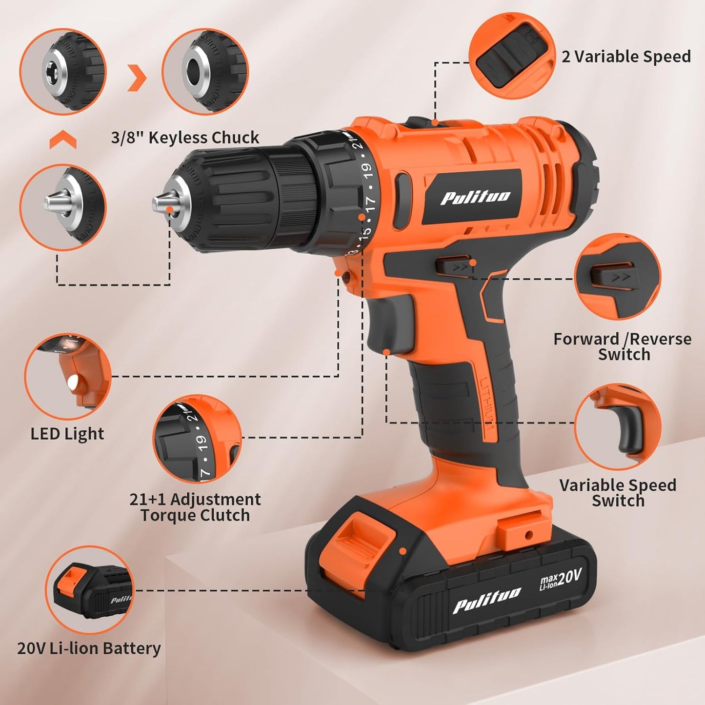 20V Cordless Drill/Driver Kit with 2 Batteries, 30Nm Torque & LED Light - PULITUO
