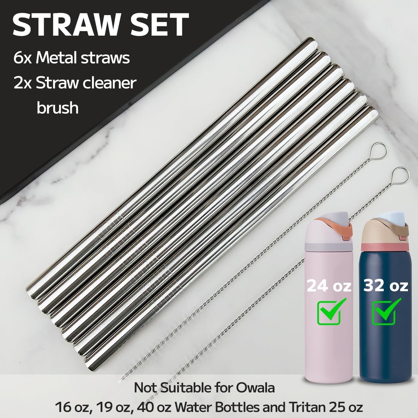 MIMORE Metal Straws for Owala | 6-Pack Stainless Steel Reusable Straws - Dishwasher Safe, Fits 24 oz & 32 oz