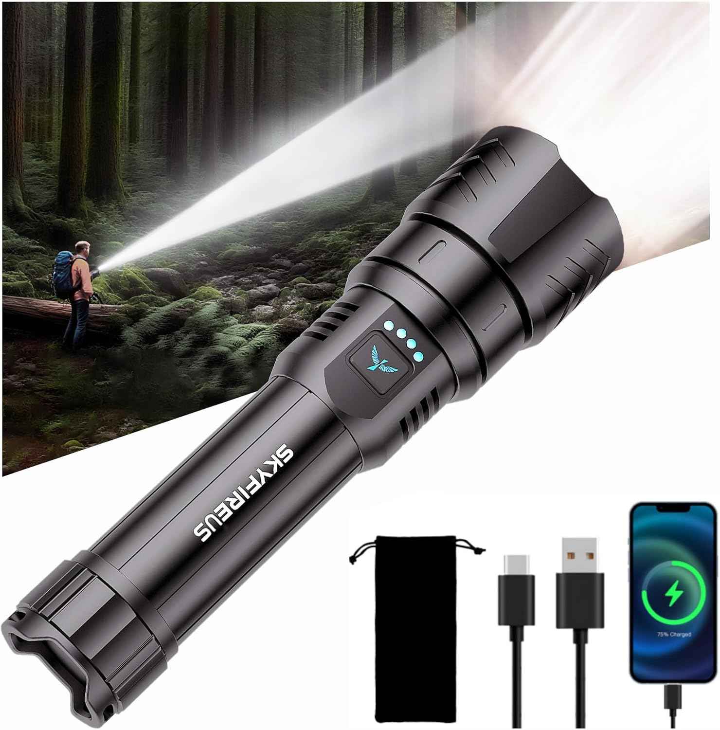 2000 Lumen Rechargeable LED Flashlight - Waterproof Tactical Light with Zoom & 4 Modes for Camping & Outdoor Use