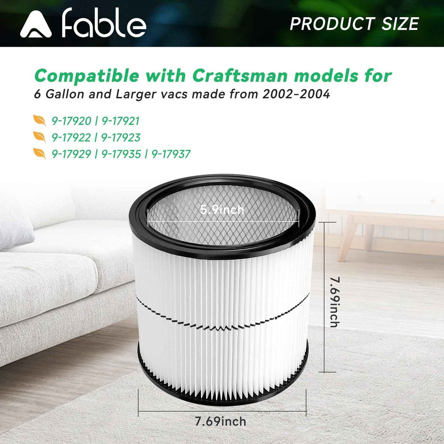 A FABLE 17884 Filter Compatible with Craftsman 9-17884 17935 17937 17920 shopvac Replacement Part Fit 6 Gallon and Larger Wet Dry Vacs (17884 Vacuum Cartridge Filter + Foam Sleeve + Brush 1pack)