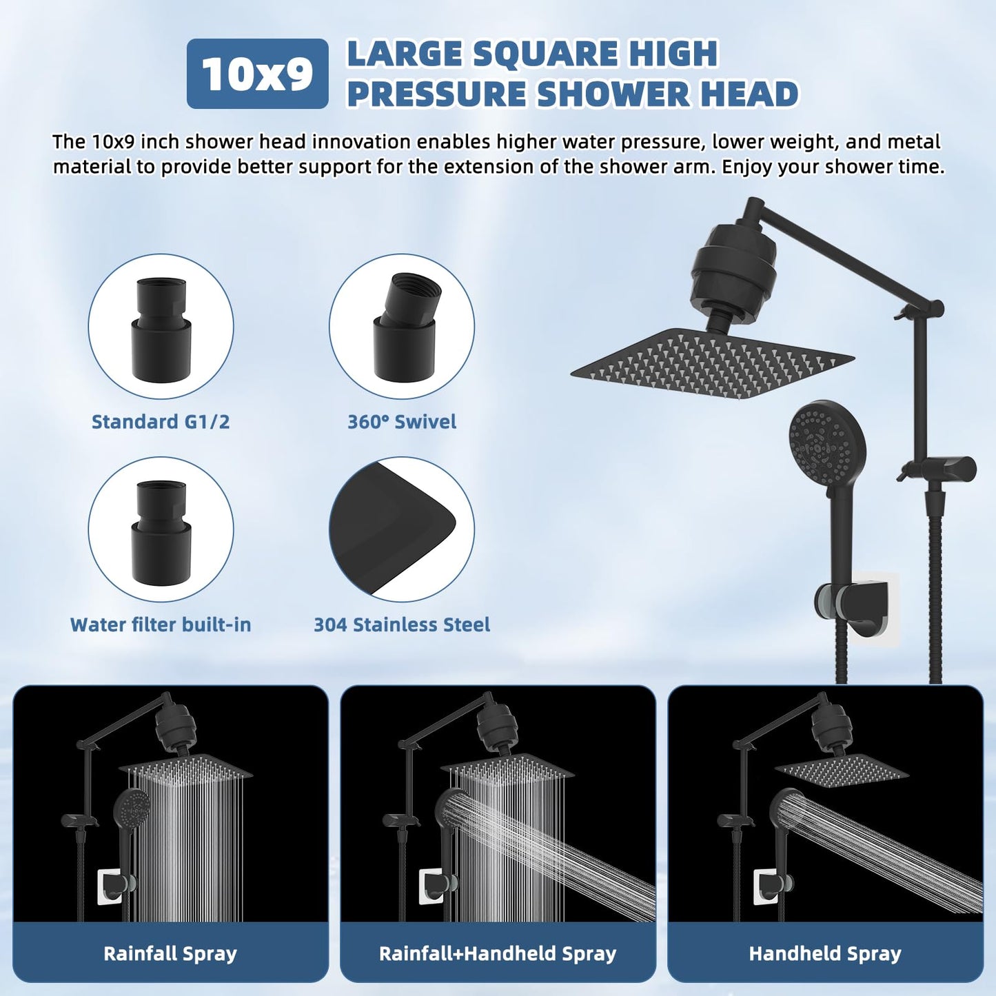 iFealClear Metal Rain Filtered Shower Head, 10” High Pressure Rainfall Shower Head with Handheld Spray, 10 Mode Handheld Powerful Wash, 16" Adjustable Extension Arm, 2 Pack Shower Filters, Matte Black