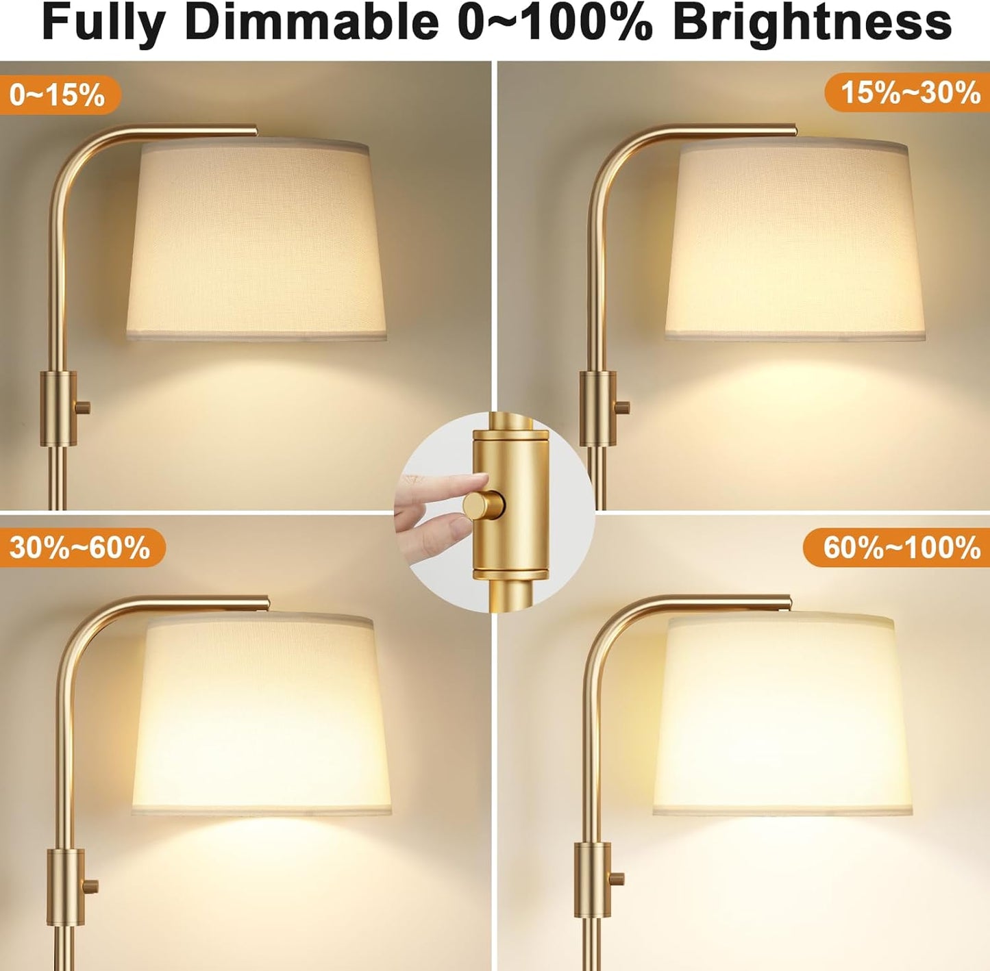 Modern Dimmable Floor Lamp with 9W LED Bulbs - Stylish Standing Light for Living Room & Bedroom (Gold & White)