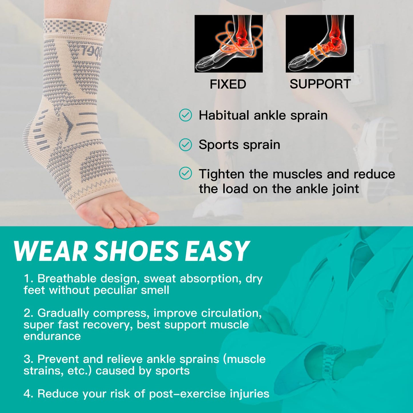 INDEEMAX Copper Infused Ankle Brace for Sprained Ankle, Ankle Compression Sleeve Ankle Support for Women & Men, Achilles Tendonitis Brace, Skin Silver, S