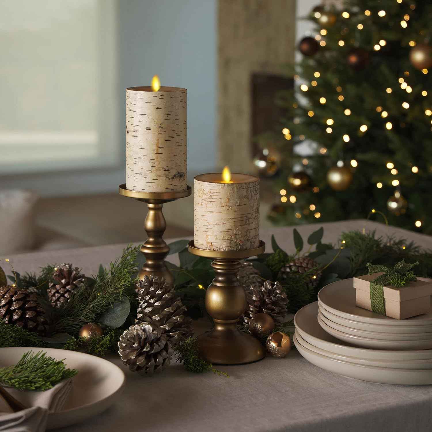 Realistic Moving Flame LED Pillar Candle with Birch Bark - Battery Operated, Remote Ready, 4x7