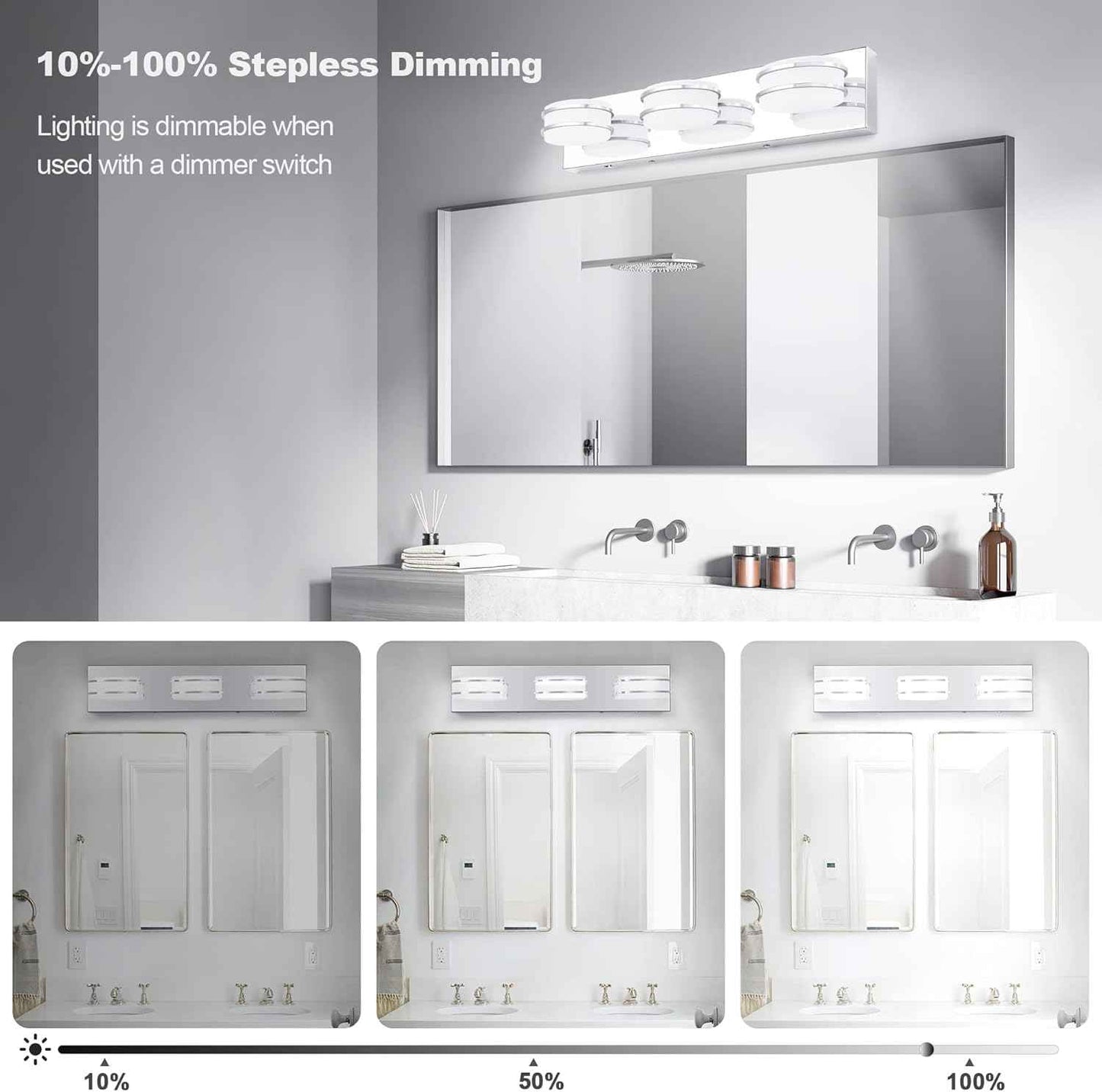 LED Chrome 3-Light Dimmable Bathroom Vanity Light Fixture - Modern Acrylic & Stainless Steel Over Mirror Lighting