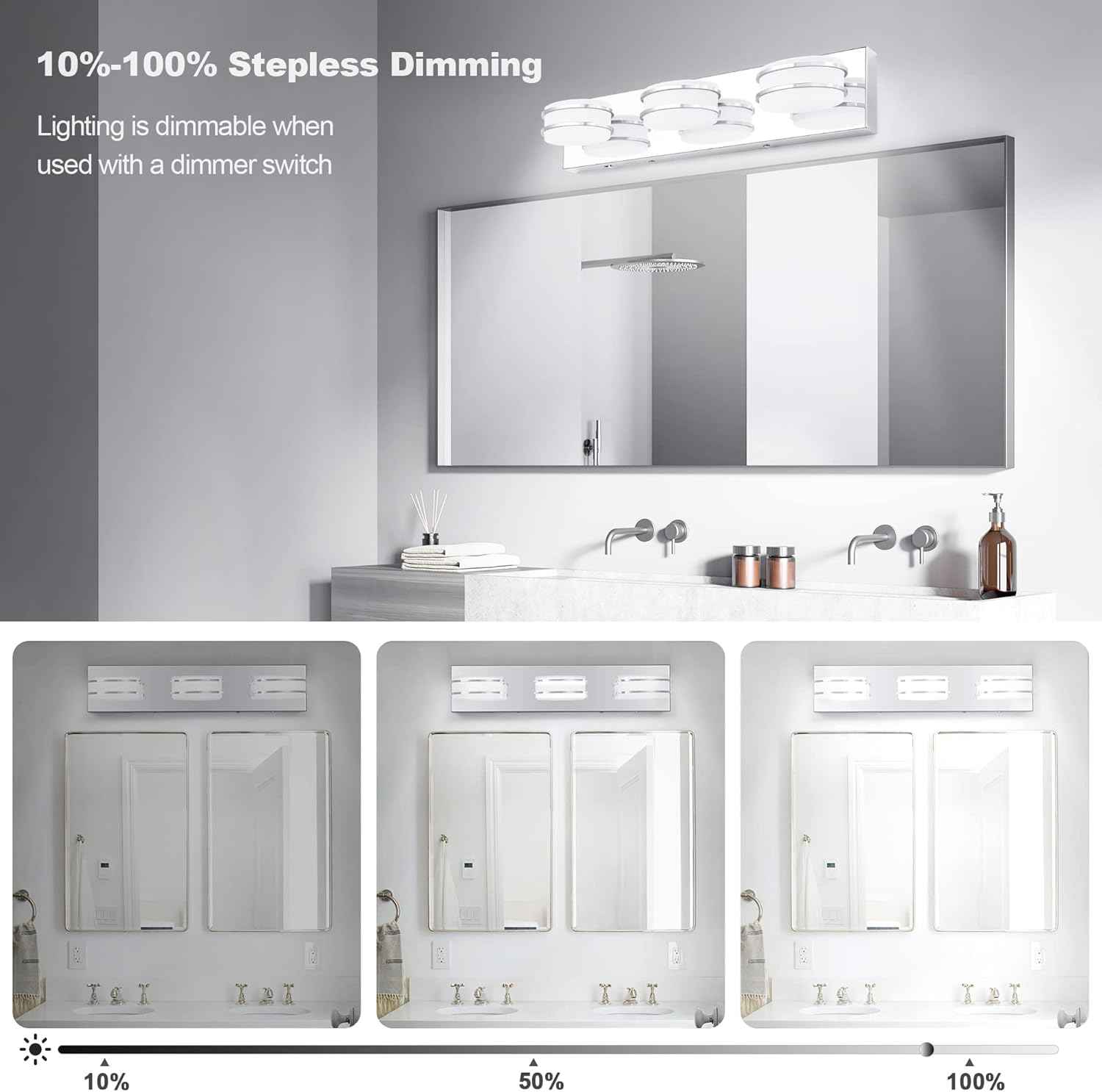 LED Chrome 3-Light Dimmable Bathroom Vanity Light Fixture - Modern Acrylic & Stainless Steel Over Mirror Lighting