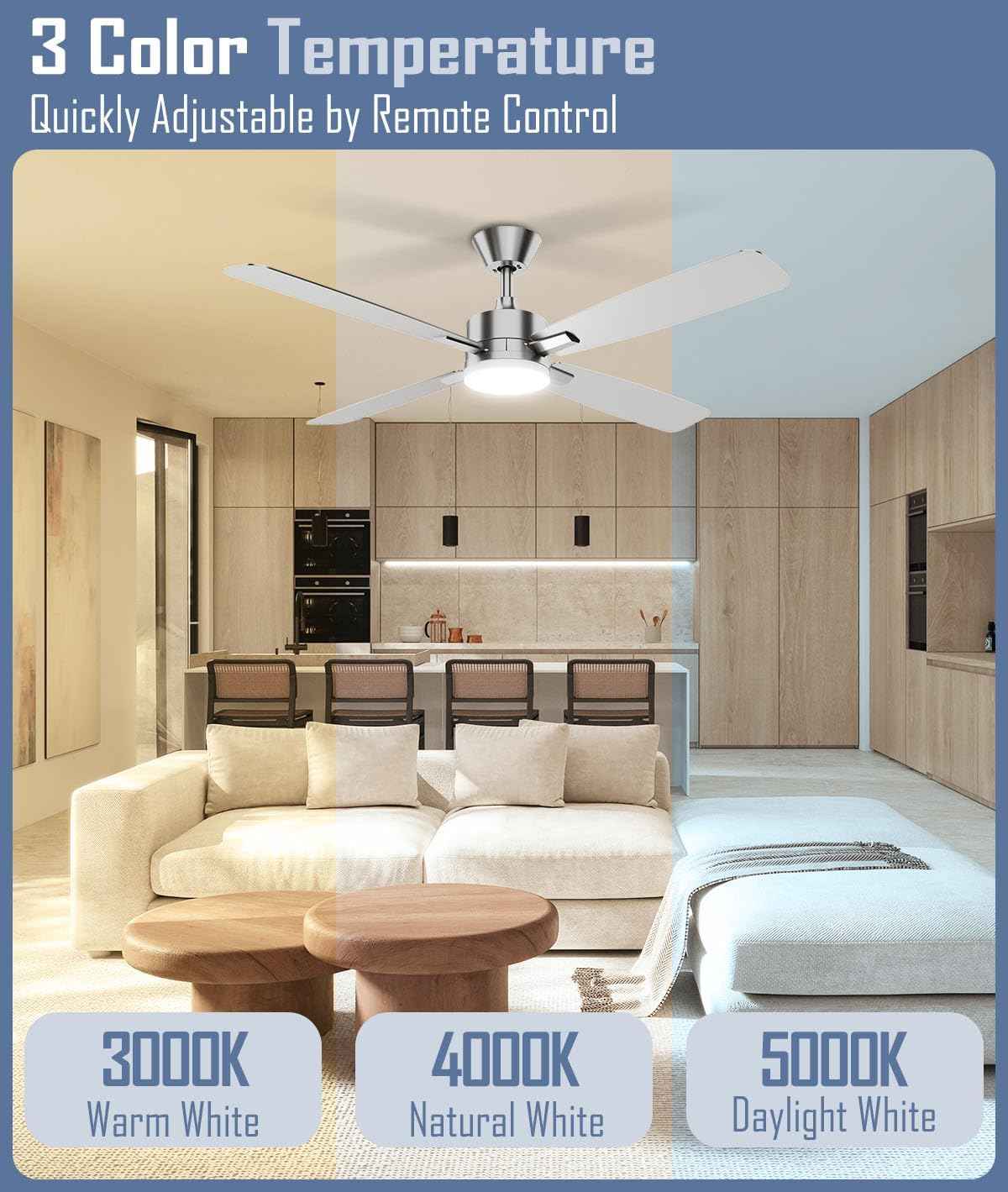 52-Inch Ceiling Fan with Remote Control & Dimmable Light - Noiseless DC Motor for Indoor/Outdoor Use
