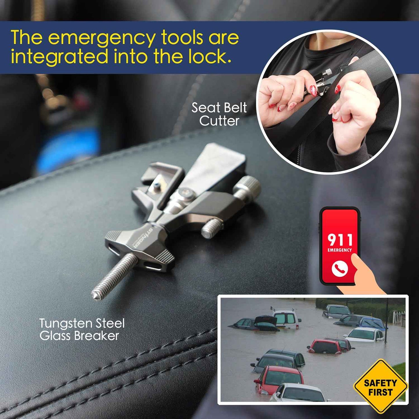Stinger Portable Door Lock for Travel, Travel Door Lock with Seat Belt Cutter and Glass Breaker | Home and Hotel Room Security Device