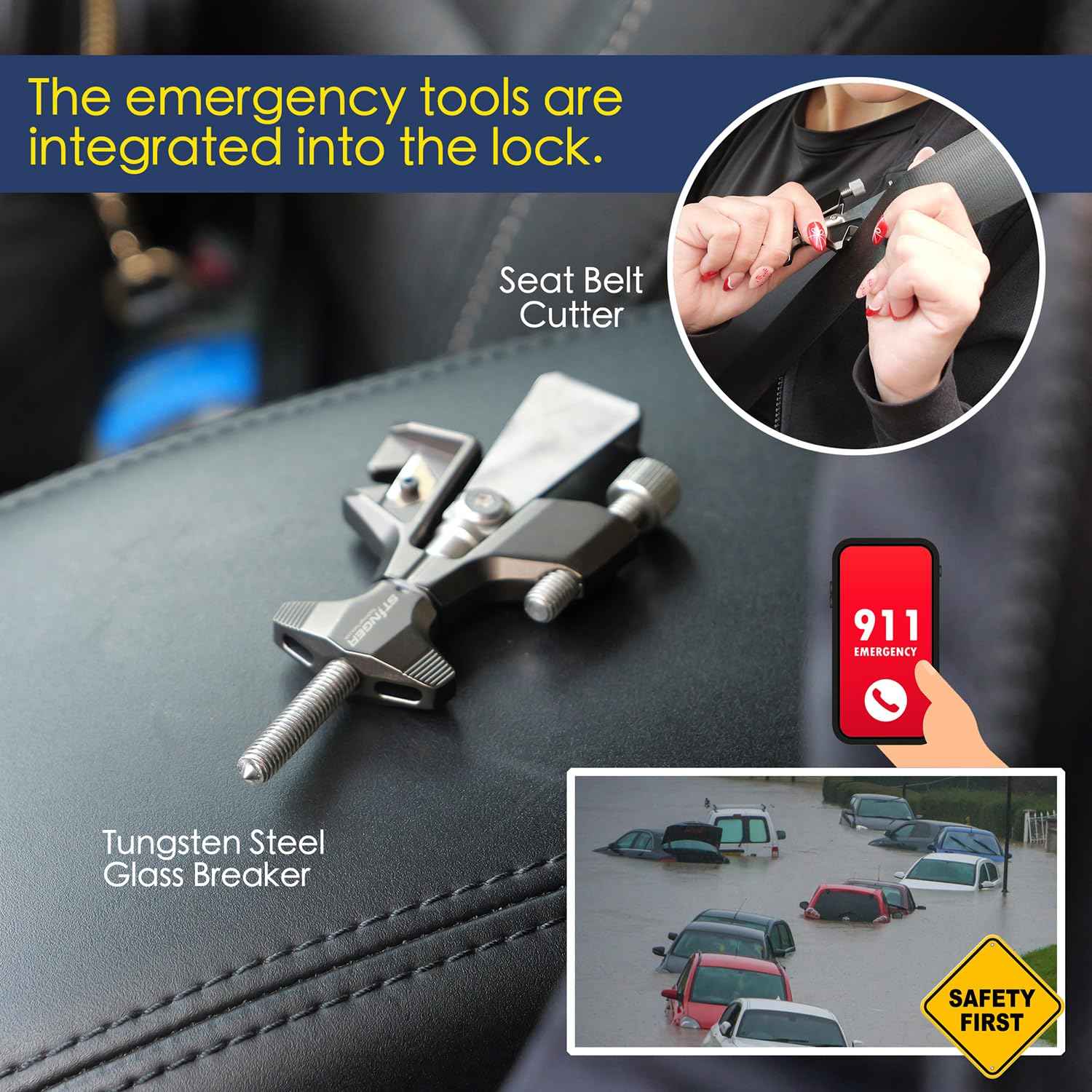 Stinger Portable Door Lock for Travel, Travel Door Lock with Seat Belt Cutter and Glass Breaker | Home and Hotel Room Security Device