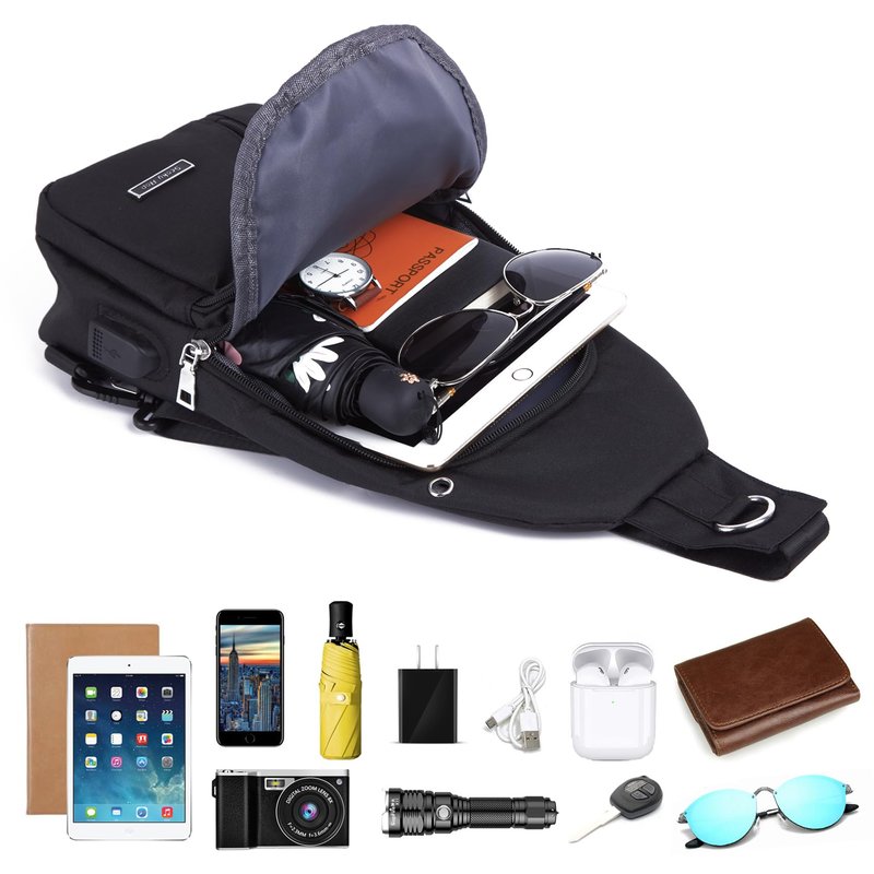 Seoky Rop Small Sling Bag for Men Women One Strap Shoulder Crossbody Backpack with USB Charging Port for Hiking Cycling Travel Black