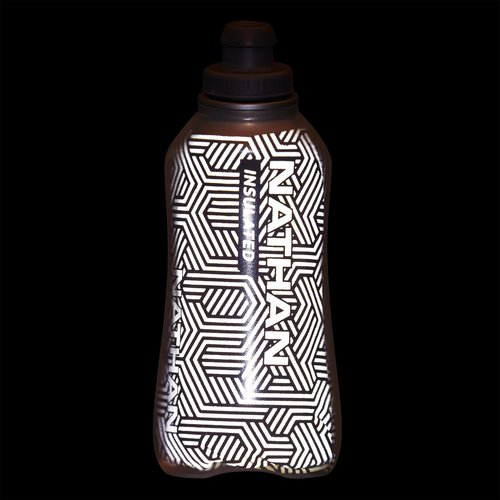 Nathan SpeedDraw 2 Insulated Handheld Running Water Bottle Flask 18oz – Double-Wall Insulation, Ergonomic Grip, Blast Valve Cap, Phone & Key Storage Pockets, Reflective Design