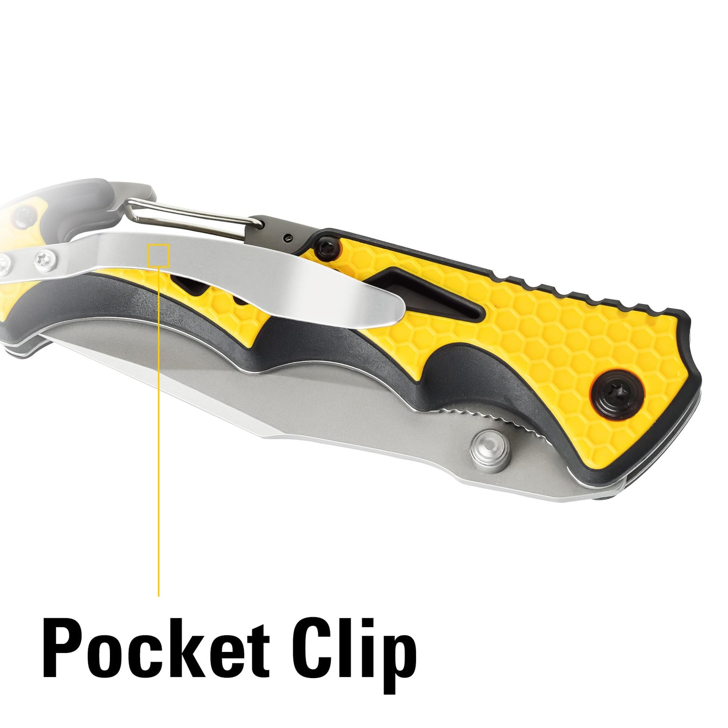 Cat 7-3/4 Inch Drop Point Folding Pocket Knife with Glass Break and Carabiner, Camping, Outdoors, Handy Pocket Clip, and Dual Thumb Studs, Every Day Carry - 980524