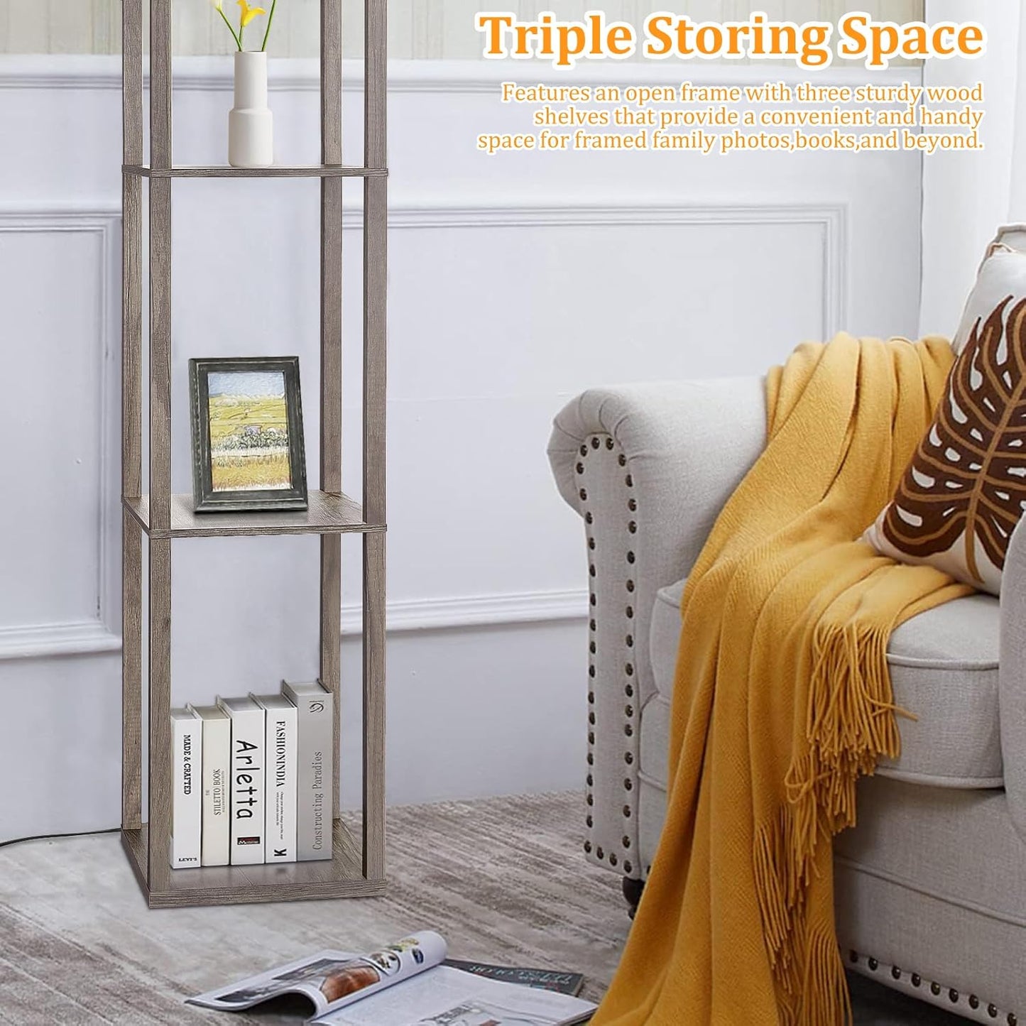 Modern Wood Corner Floor Lamp with Shelves & 3 CCT LED Bulb - Rustic Nightstand & Display Lamp for Living Room, Bedroom, Office