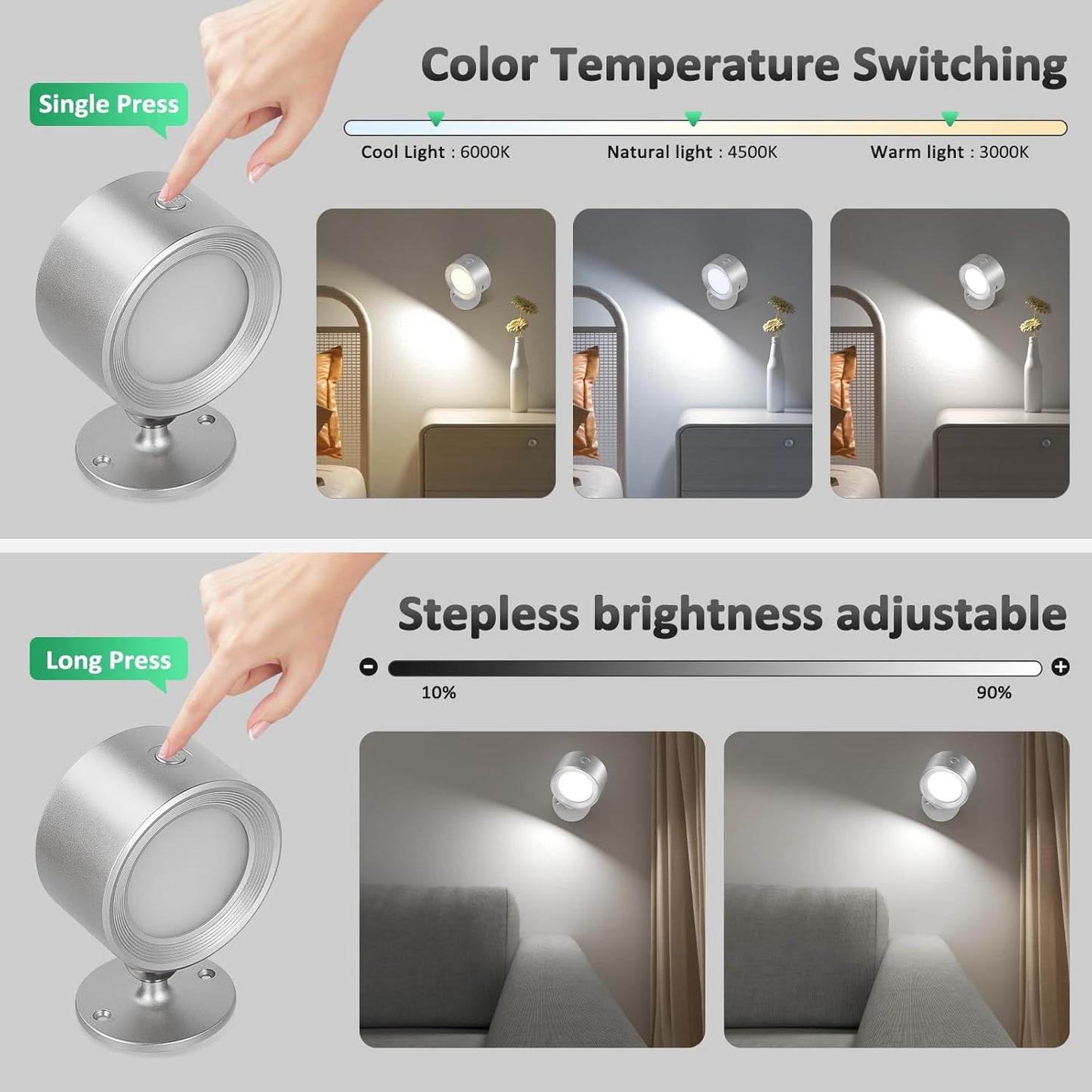Rechargeable LED Wall Mounted Lights - 3 Pack with Remote, Dimmable & 360° Rotation for Bedroom