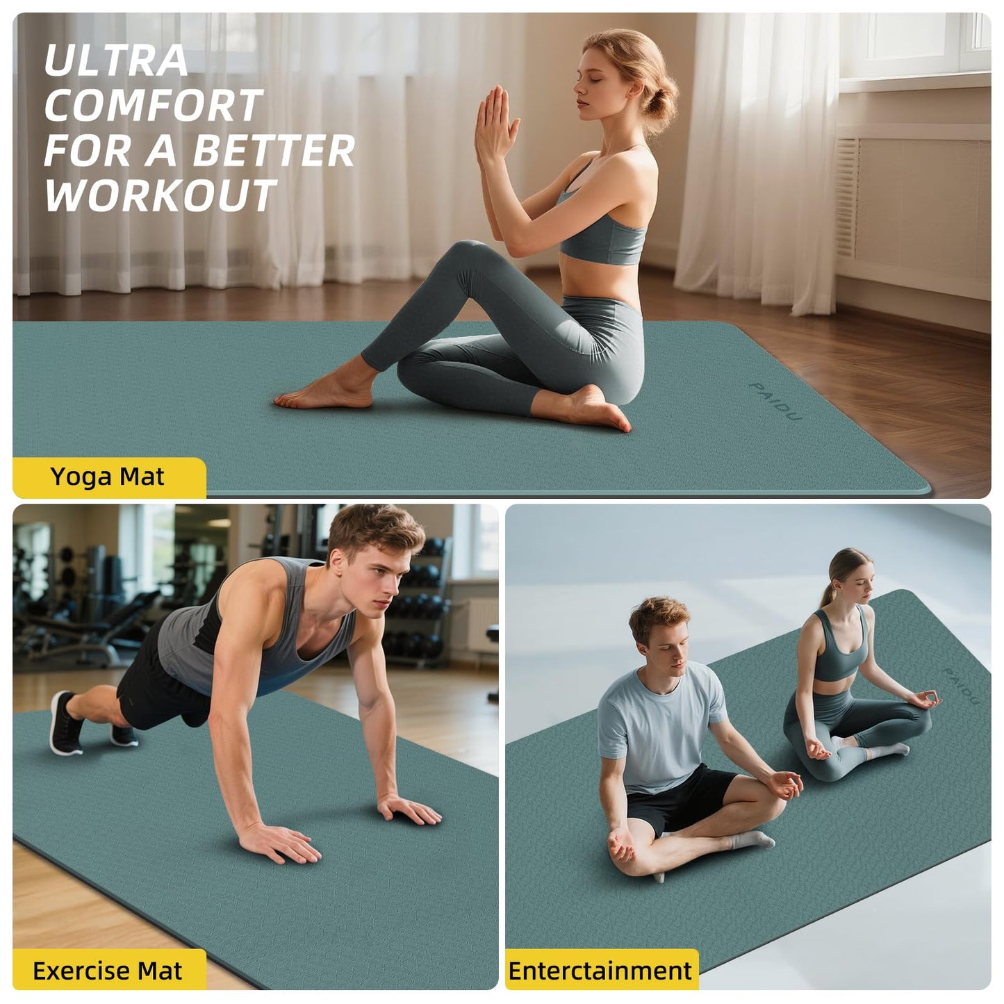 PAIDU Extra Long Wide Yoga Mat 76"x33"x2/5 Inch - Non Slip Thick Exercise Mat for Home Gym, Yoga, Pilates & Workouts (Dark green + Black)