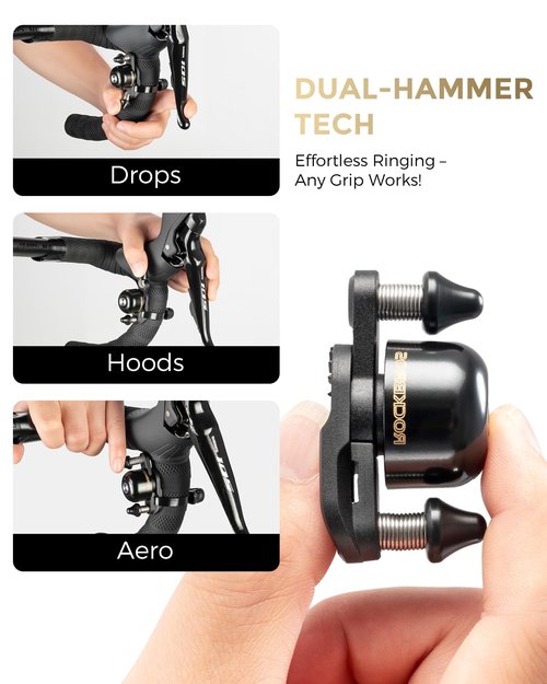 ROCKBROS Bike Bell for Adults 180 Degrees Adjustable Dual-Hammer Bicycle Bell - Loud Brass Ring, Universal Strap-On Mount for Road/Mountain/EBikes, Mini & Stylish Design