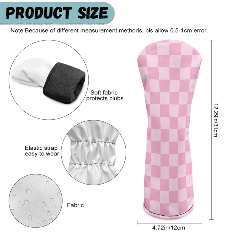 Pink Checkered Golf Head Covers for Woods and Driver Fairway Hybrid Funny PU Leather Golf Club Head Covers for Women Men Golf Accessories for Halloween Christmas Birthday Present
