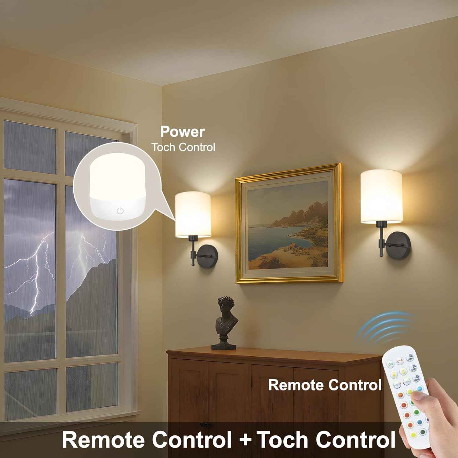 Rechargeable Gold Battery Operated Wall Sconces Set of 2 with Remote & RGB Bulbs