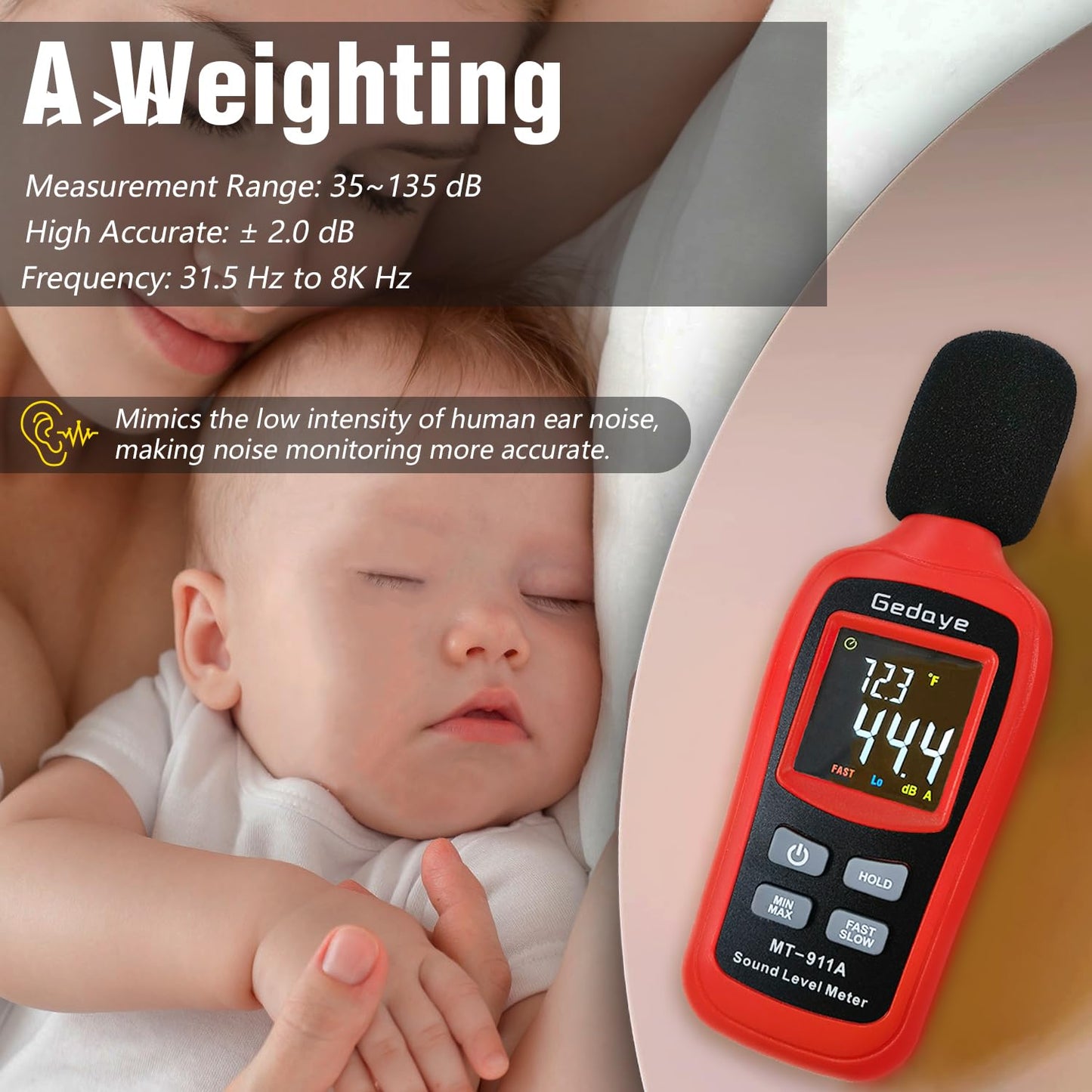 Noise Decibel Meter, Gedaye Sound Level Meter Range 35-135dBA, SPL Meter with A Weighted, Data Hold Max/Min, Fast/Slow, Color LCD Backlit Display, Noise Detector dB reader Monitor Audio Measure Device