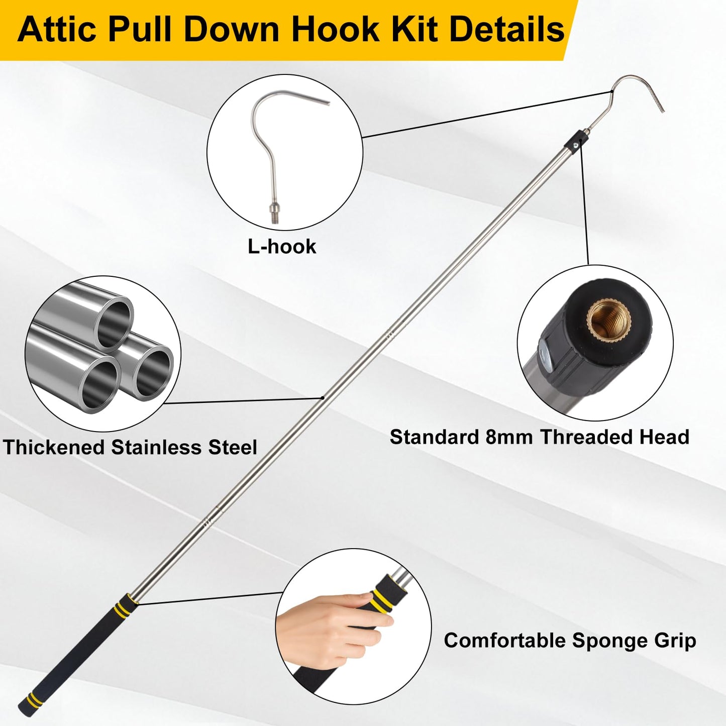 Gzlozak Attic Pull Down Hook, 36" to 64" Attic Ladder Pull Cord Heavy Duty Cord Replacement for Attic Door Awning Pull Rod Garage Doors Stainless Steel with Comfort Sponge Grip Silver