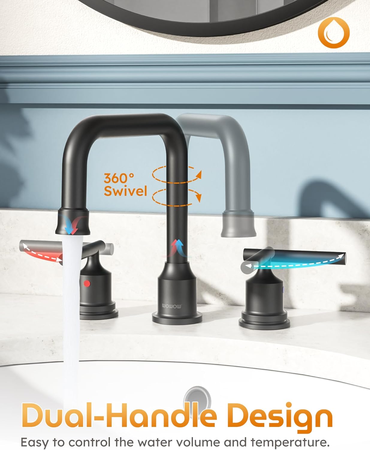 Brushed Nickel 8-Inch Widespread Bathroom Faucet with 360° Swivel Spout - Modern 2 Handle Lavatory Sink Fixture