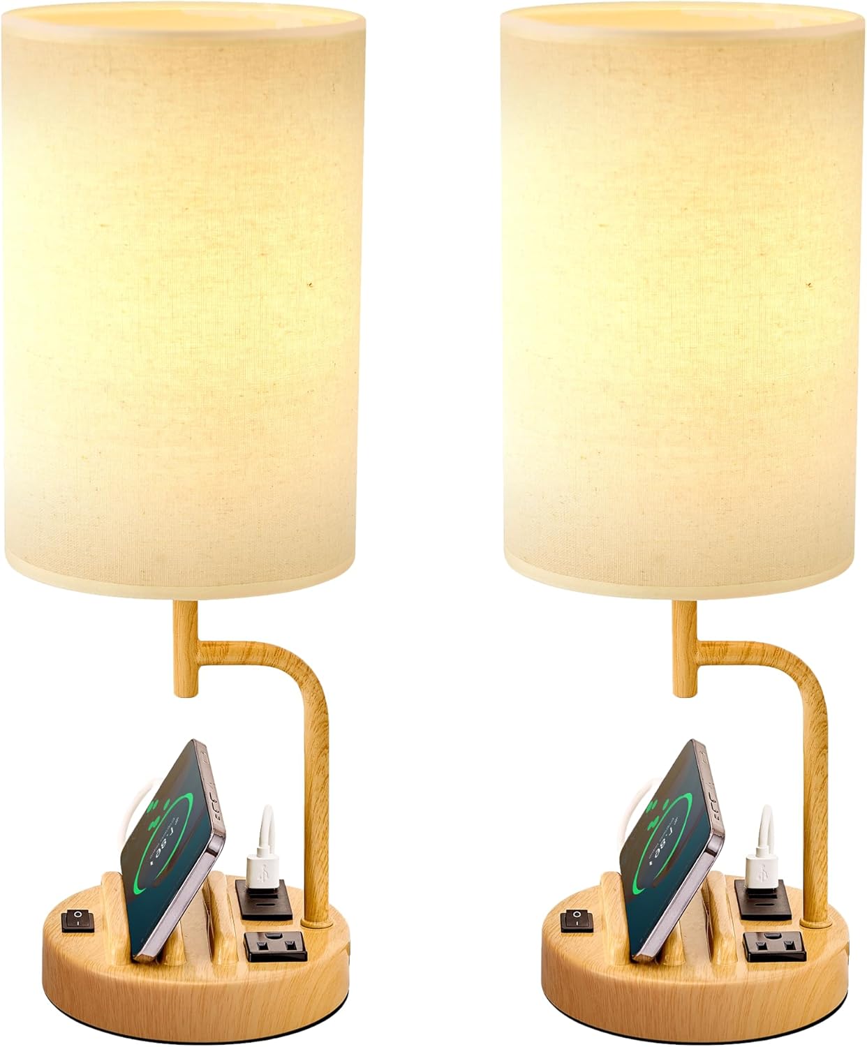 Modern Table Lamp with 3 USB Ports & AC Outlet - Set of 2 Bedside Desk Lamps in Silver