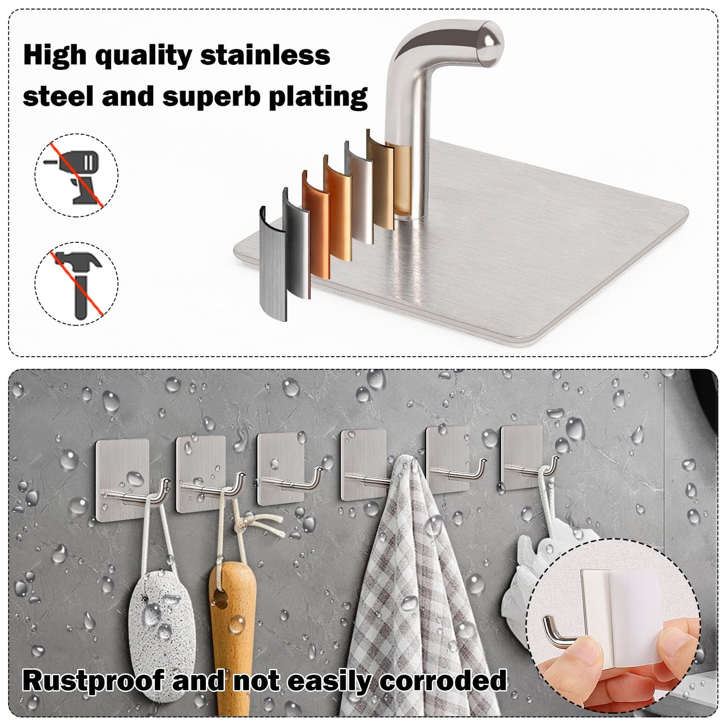 Livabber Adhesive Towel Hooks, 304 Stainless Steel Self Sticky Wall Hooks Waterproof Shower Hooks for Robe/Clothes, No Drilling Towel Hangers for Bathroom Kitchen Bedroom (Brushed Nickel, 10 Packs)