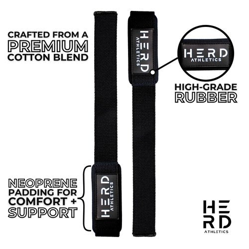 HERD ATHLETICS Lifting Wrist Straps – 23" Length x 1.5" Width – Padded Neoprene Cotton Straps for Weightlifting, Powerlifting, Functional Fitness, Strength Training & Deadlifts – Heavy Duty Grip Support (Black/White)