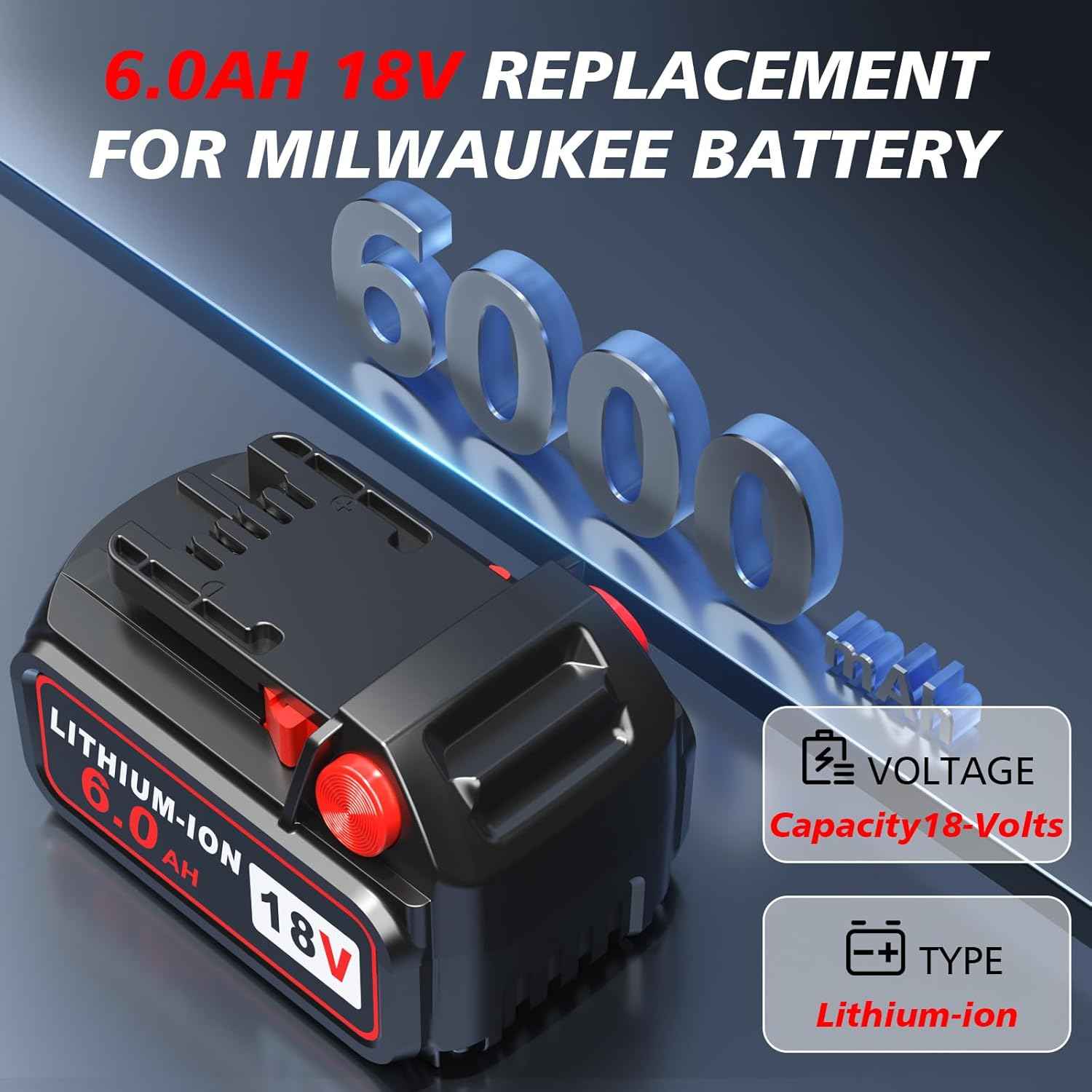 Milwaukee M18 6.0Ah Lithium-ion Battery Replacement (2-Pack) - Compatible with 18V Chargers & Tools