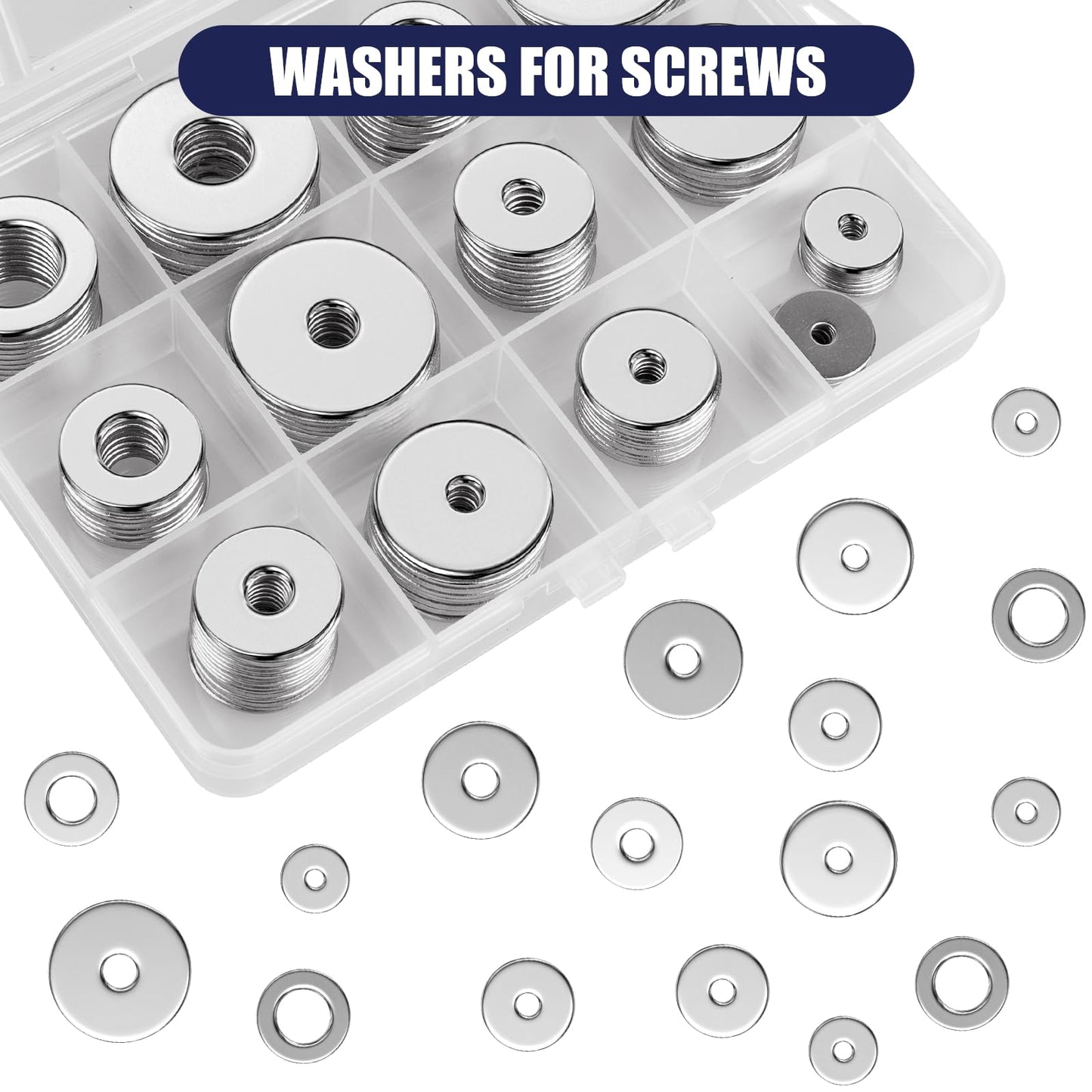 WEGOUP 18-8(304) Stainless Steel Metal Flat Washers for Screws and Bolts, 100 Pieces Assorted Washers Kit (12 Sizes M3-M12), Large and Small Hardware