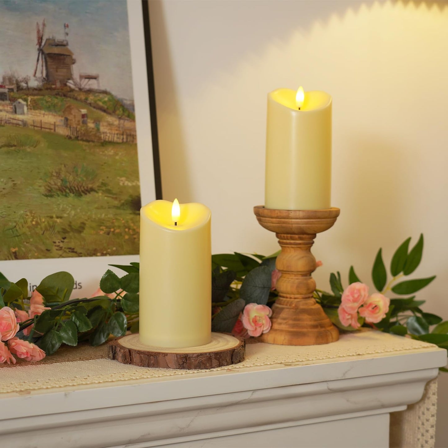 Raycare 6"x3" Outdoor Waterproof Flameless Candles, Battery Operated LED Candles with Remote Control and Timer, Electric Fake Plastic Pillar Candles, Dark Ivory, Set of 2