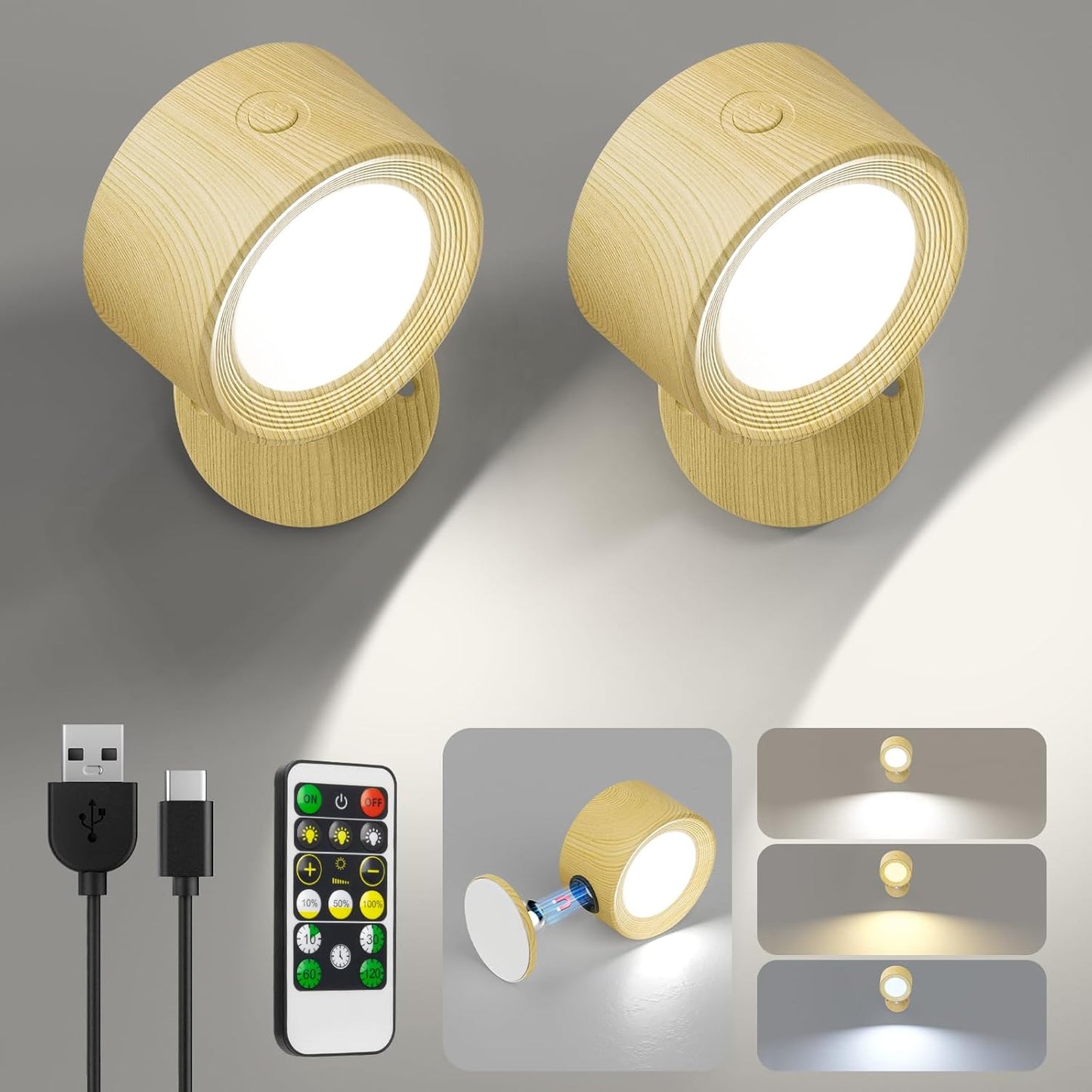 Rechargeable LED Wall Mounted Lights - 3 Pack with Remote, Dimmable & 360° Rotation for Bedroom