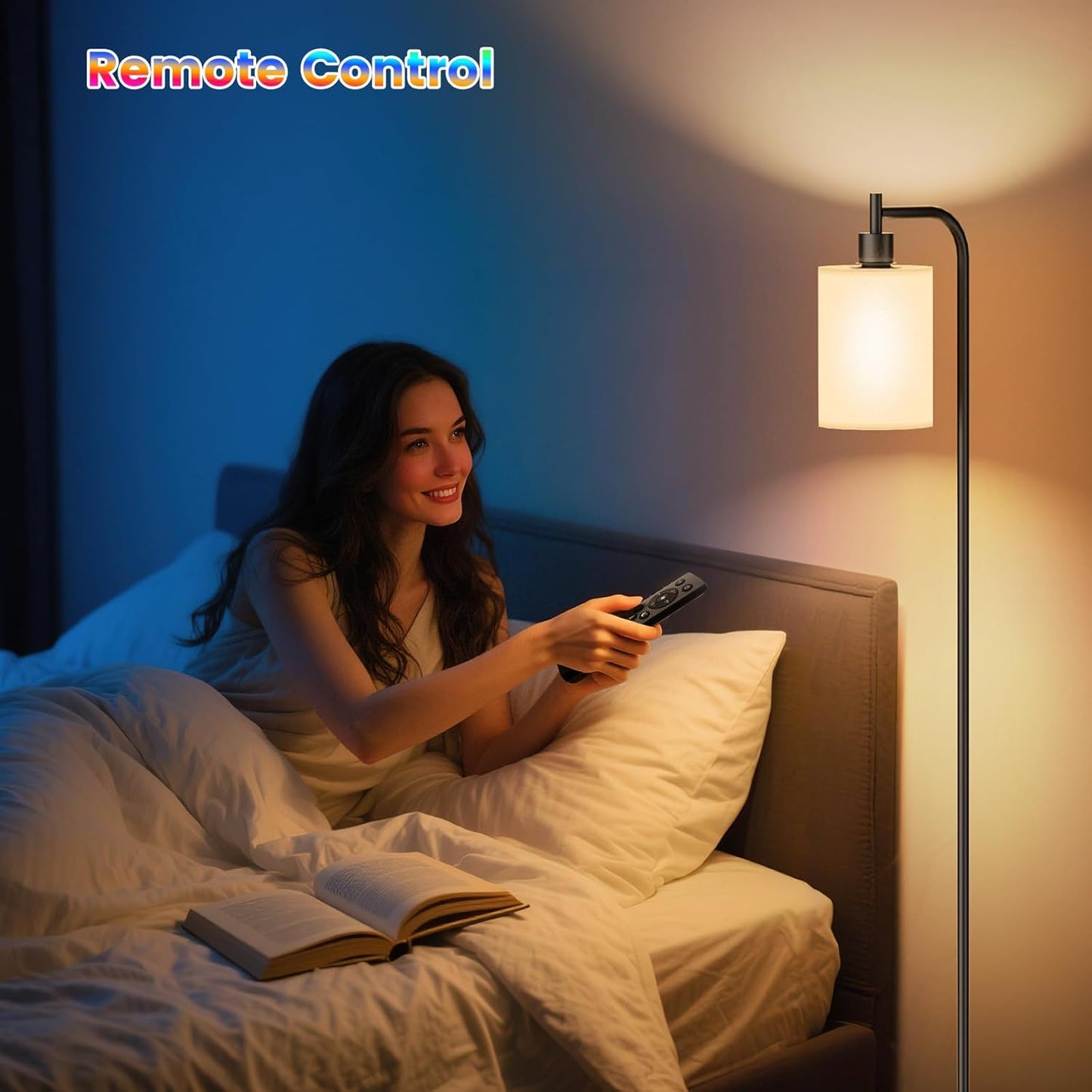 Dimmable Floor Lamp with Linen Shade & Remote Control - Modern 9W LED Standing Lamp for Living Room, Bedroom, Office