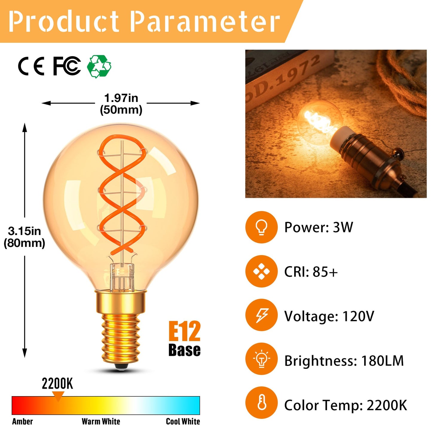 PADMO LUDAZ Dimmable G16.5 Amber Light Bulbs 25 Watt Equal 3W,Candelabra Edison Screw Base E12 Bulb Warm,Vintage LED Globe Light Bulbs for Chandelier Ceiling Fan,Soft White 2200K,180LM,2 Pack