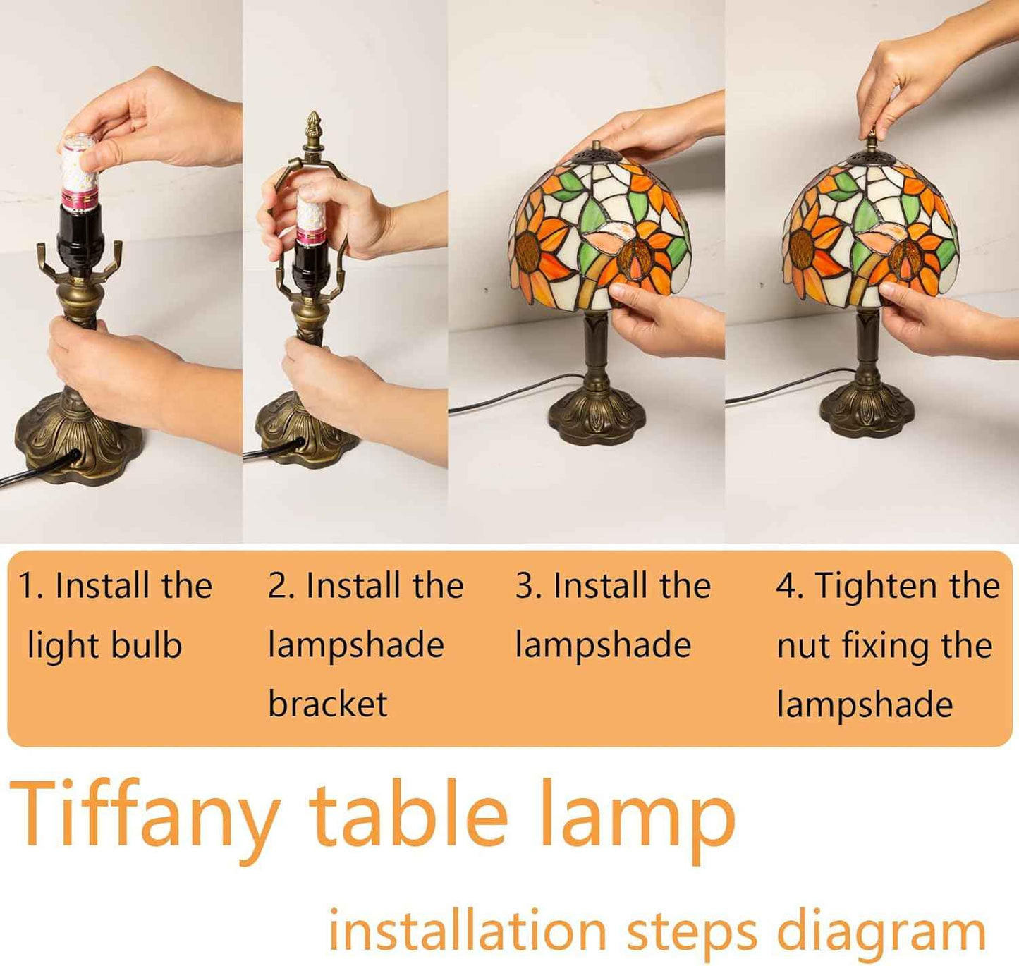 Tiffany Table Lamp - 8 Inch Antique Stained Glass, 3 Color Temperatures, Handcrafted for Bedroom & Living Room
